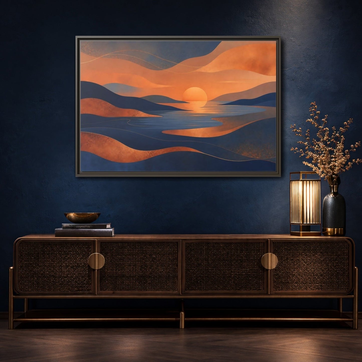 Nature Sunset Orange Blue Abstract Framed Canvas Print Wall Art – Living Room Decor, Above Sofa - YesArtYes
