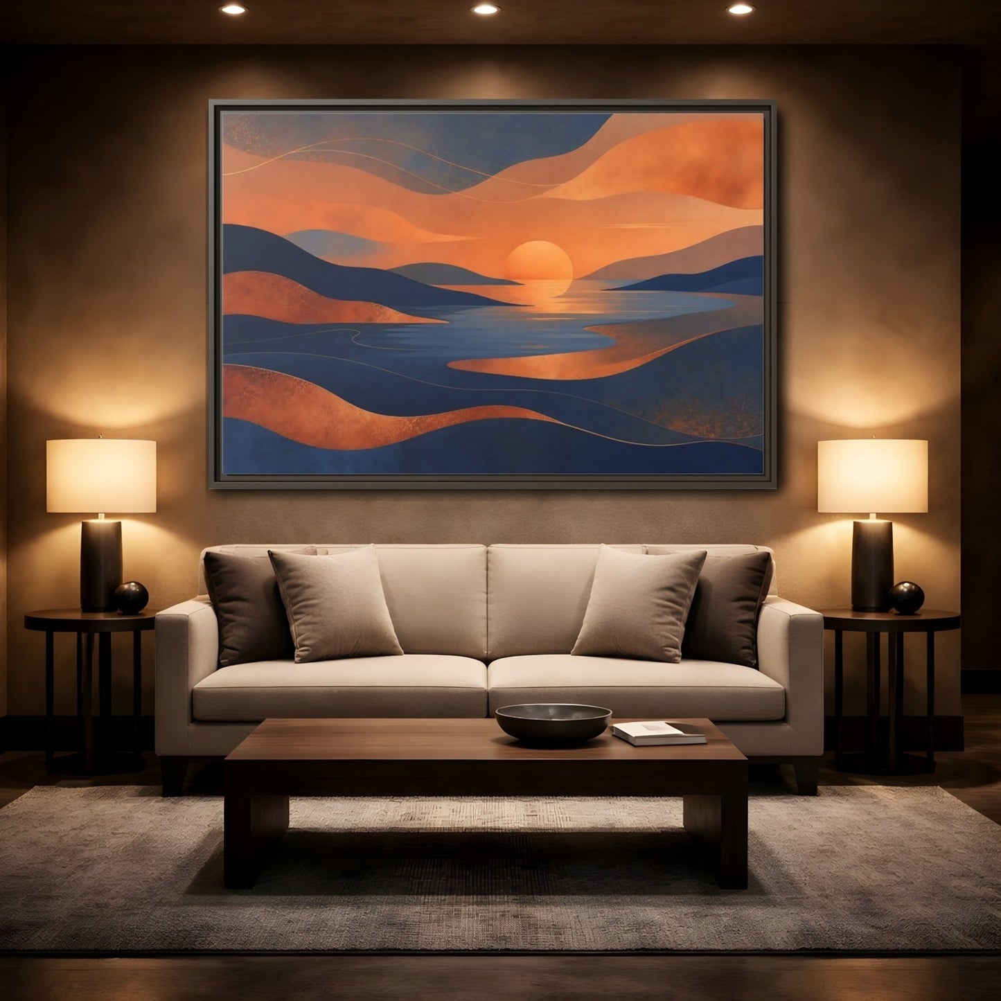 Nature Sunset Orange Blue Abstract Framed Canvas Print Wall Art – Living Room Decor, Above Sofa - YesArtYes