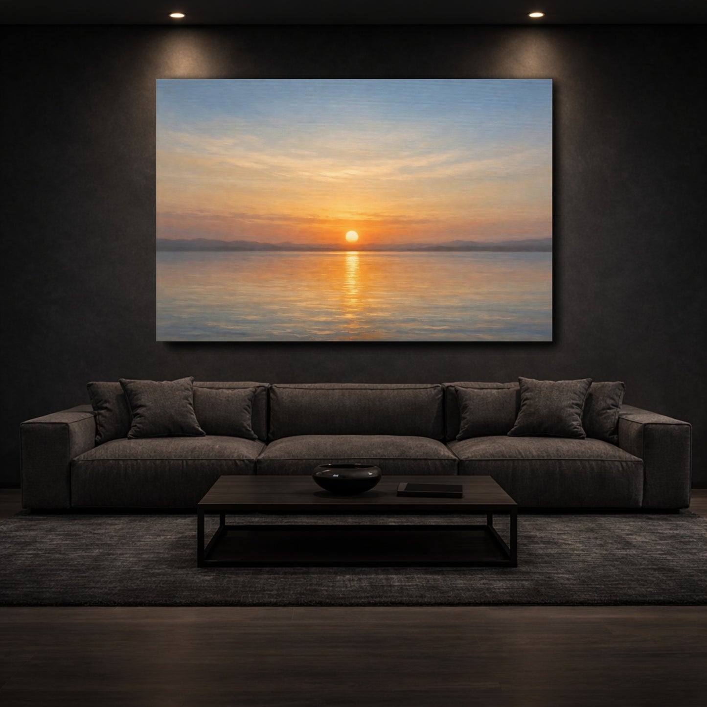 Mockup 2. Nature Sunset Orange Blue Sunset shown as stretched canvas wall art