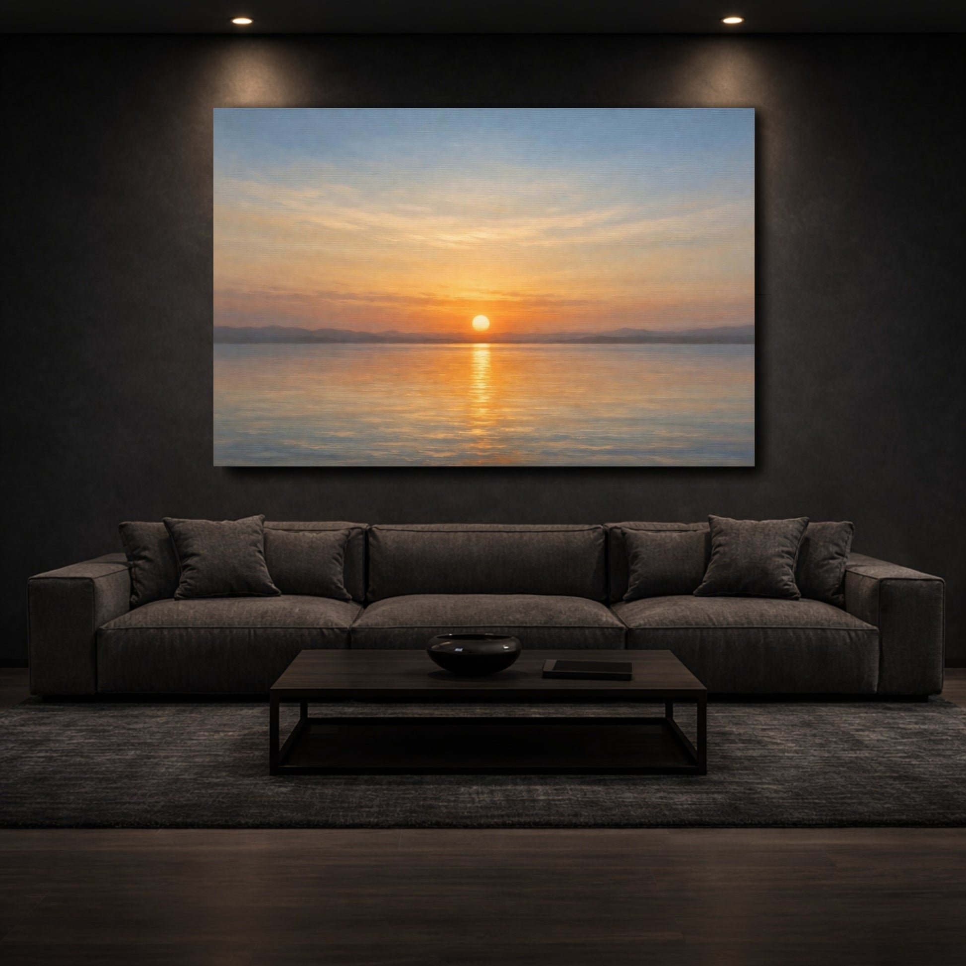 Mockup 2. Nature Sunset Orange Blue Sunset shown as stretched canvas wall art