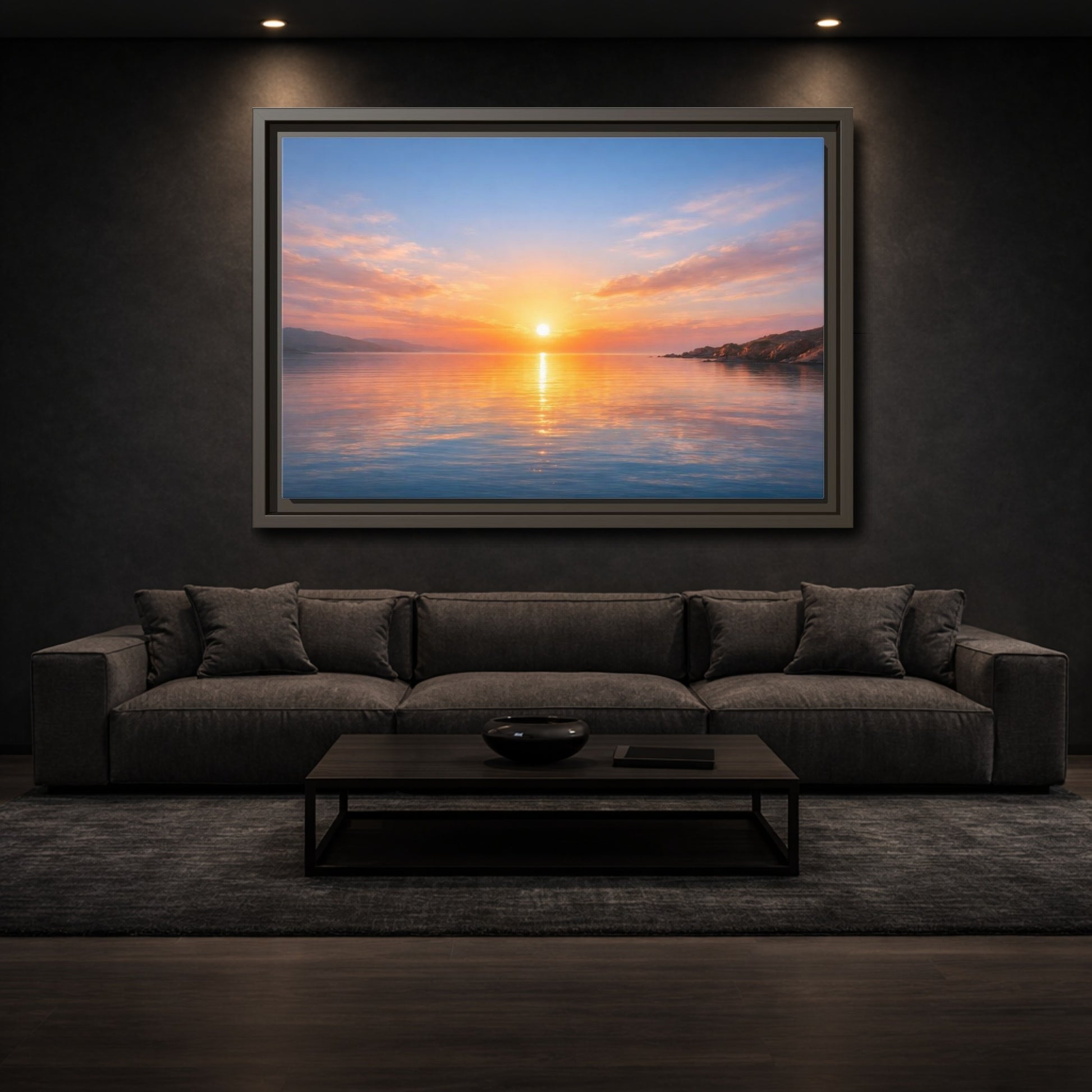 Mockup 2. Nature Sunset Orange Blue Sunset shown as stretched canvas wall art