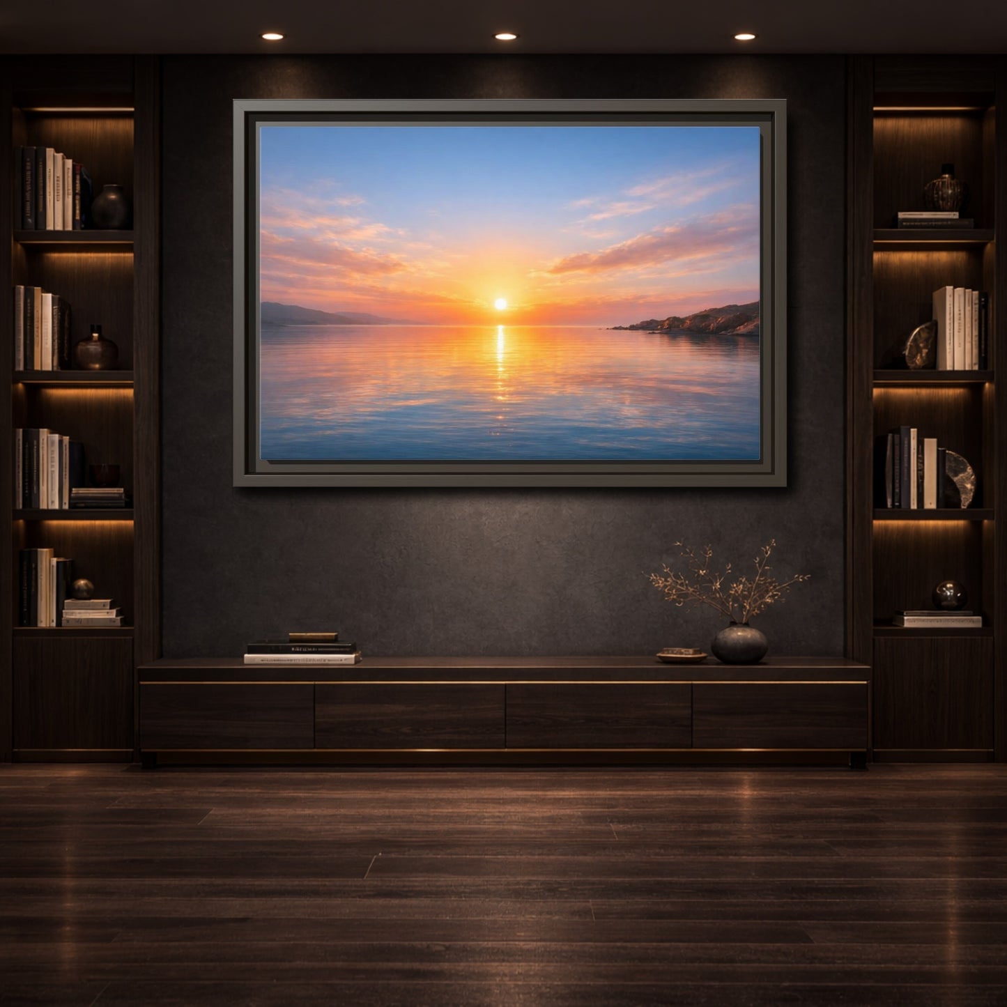 Mockup 3. Nature Sunset Orange Blue Sunset shown as stretched canvas wall art