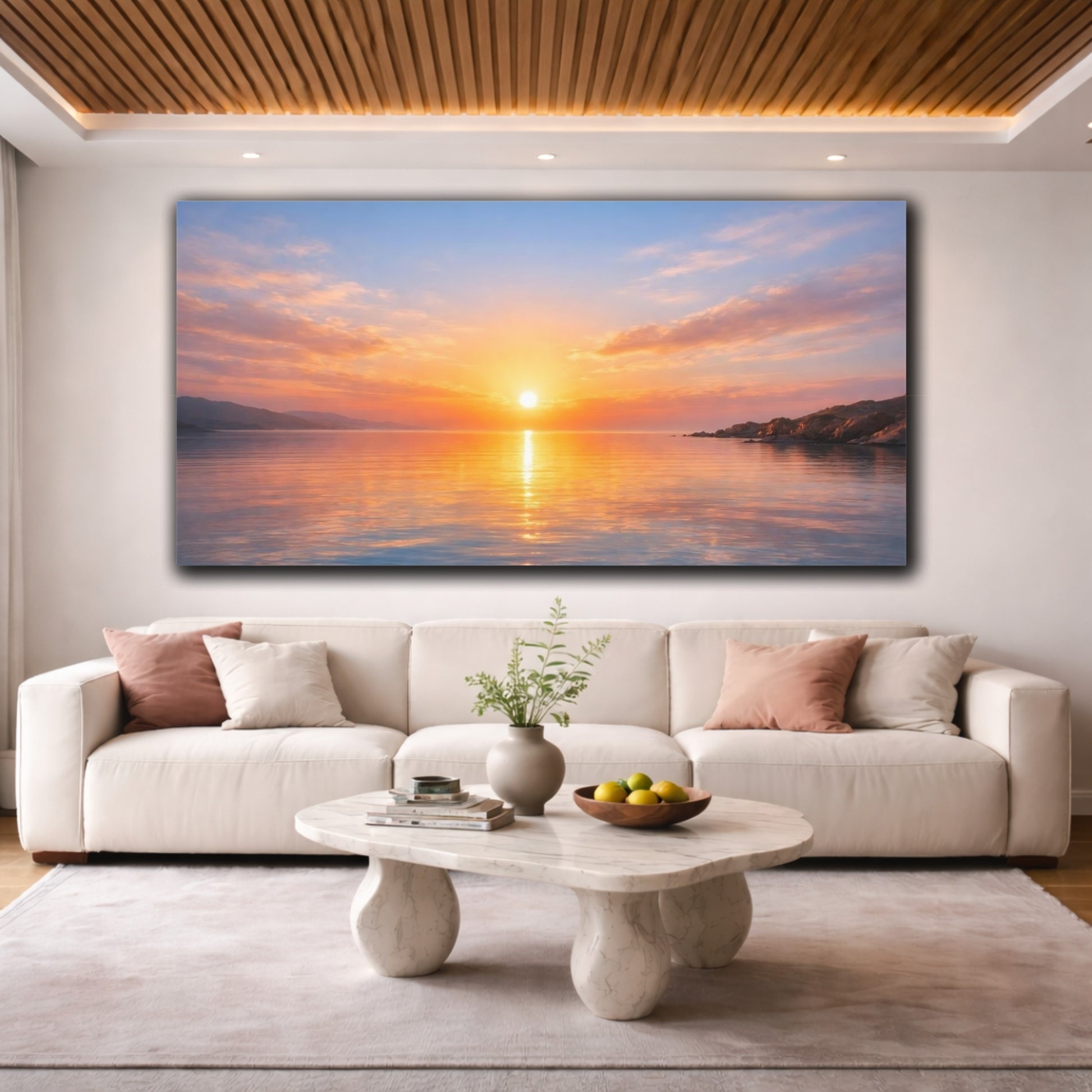Mockup 3. Nature Sunset Orange Blue Sunset shown as stretched canvas wall art
