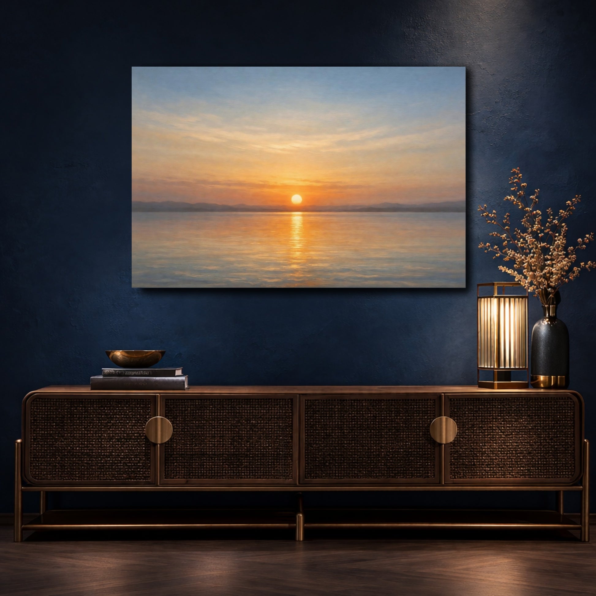 Mockup 4. Nature Sunset Orange Blue Sunset shown as stretched canvas wall art