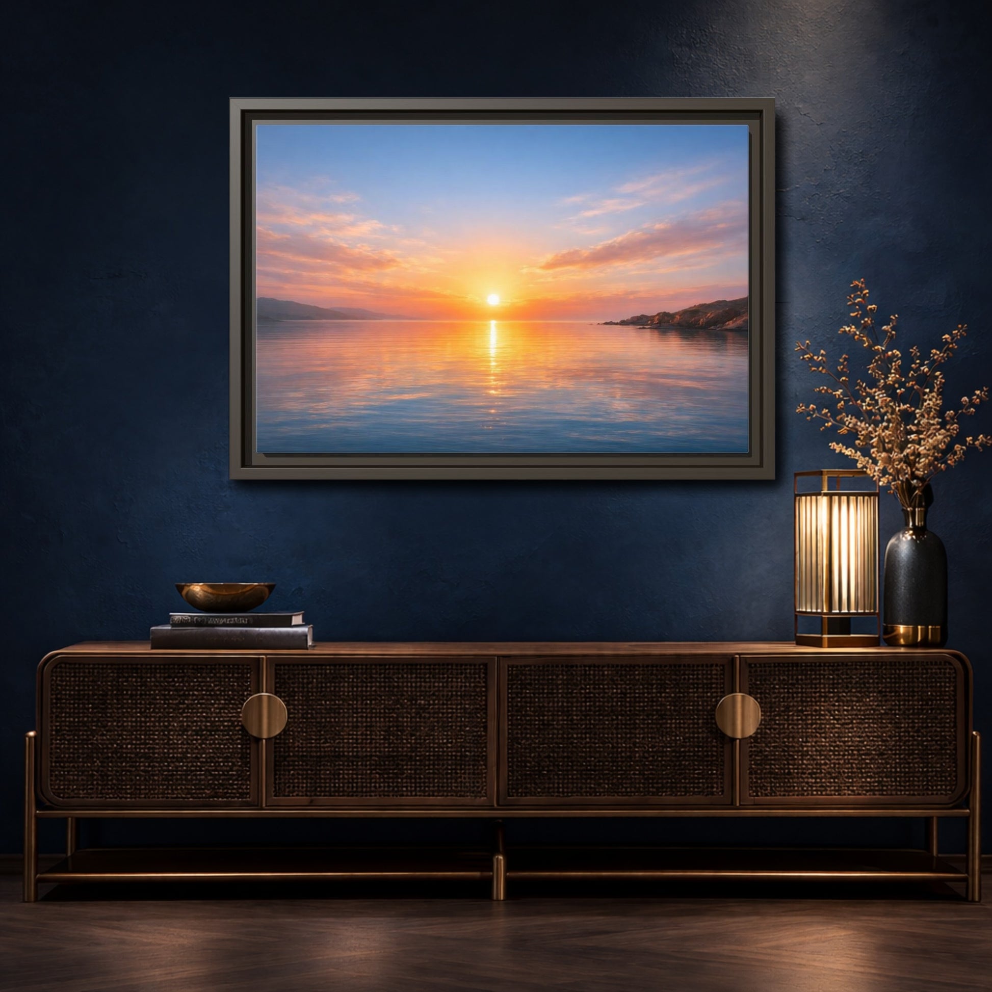 Mockup 4. Nature Sunset Orange Blue Sunset shown as stretched canvas wall art