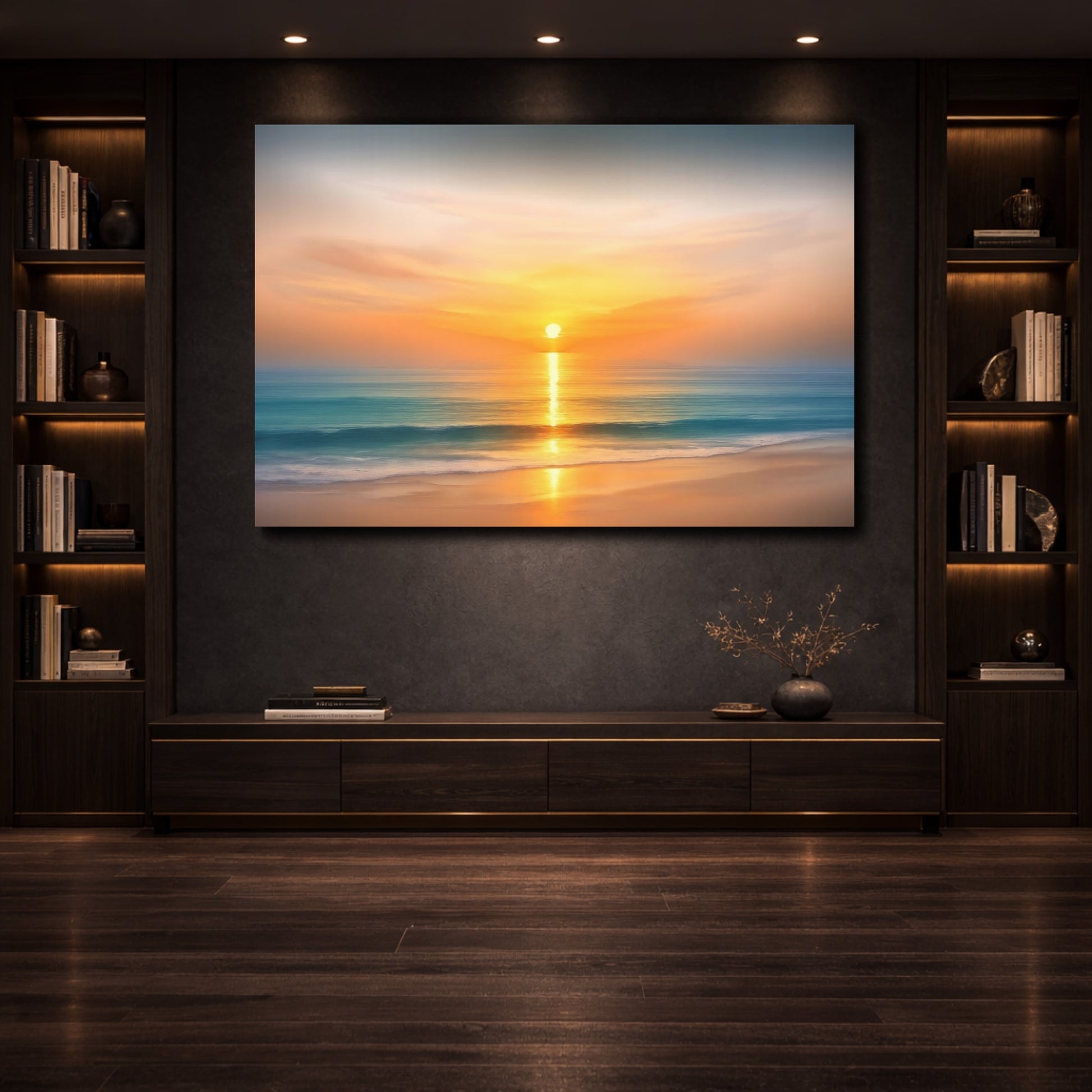 Nature Sunset Orange Blue Sunset shown as front canvas room wall art