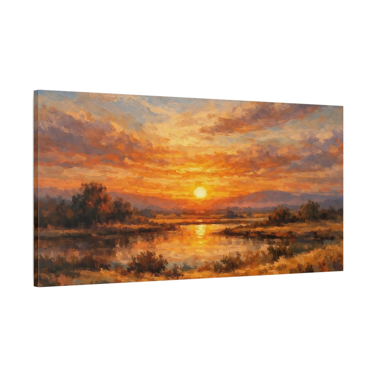 Side Mockup 1. Nature Sunset Orange Sunset Landscape shown as stretched canvas wall art