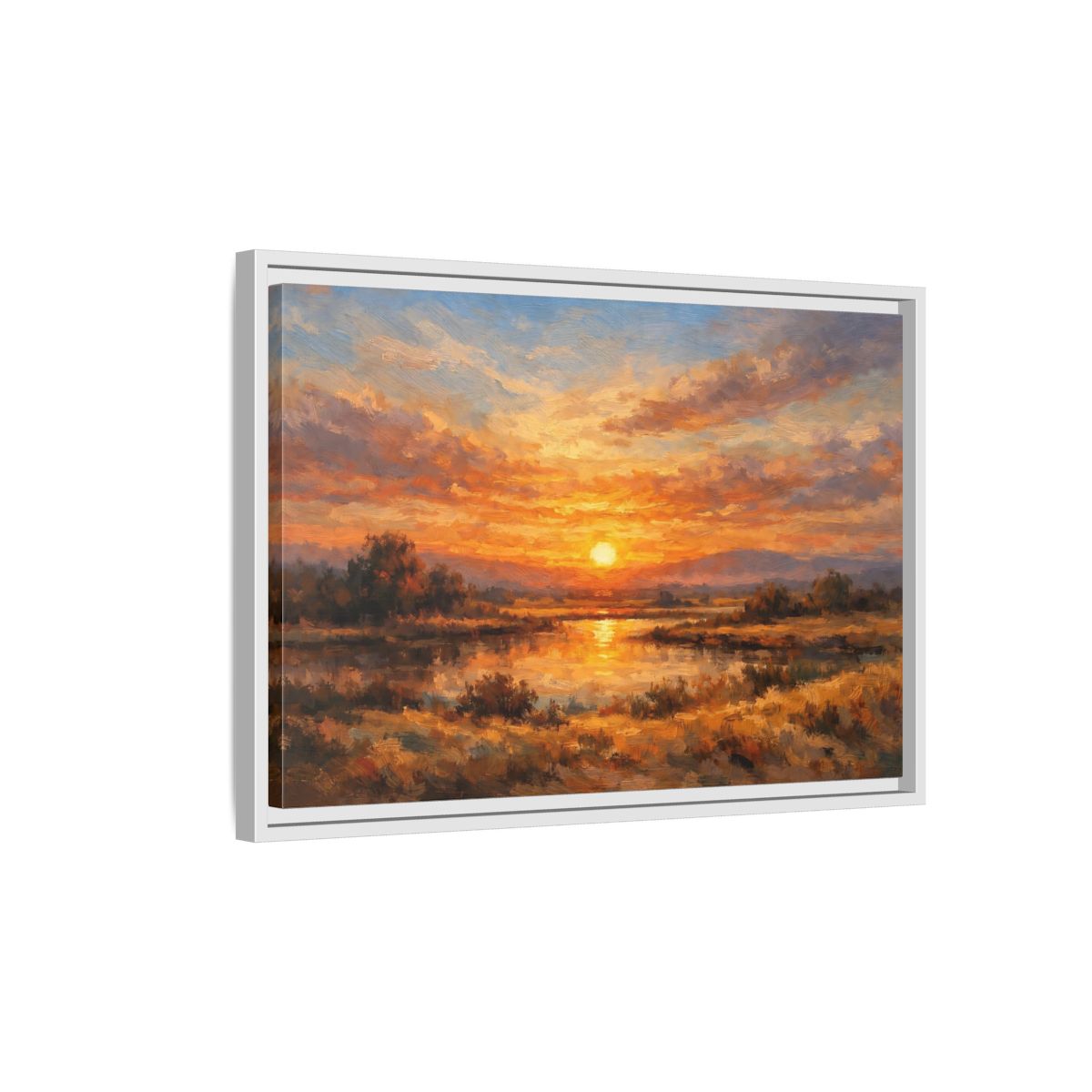 Side Mockup 1. Nature Sunset Orange Sunset Landscape shown as stretched canvas wall art