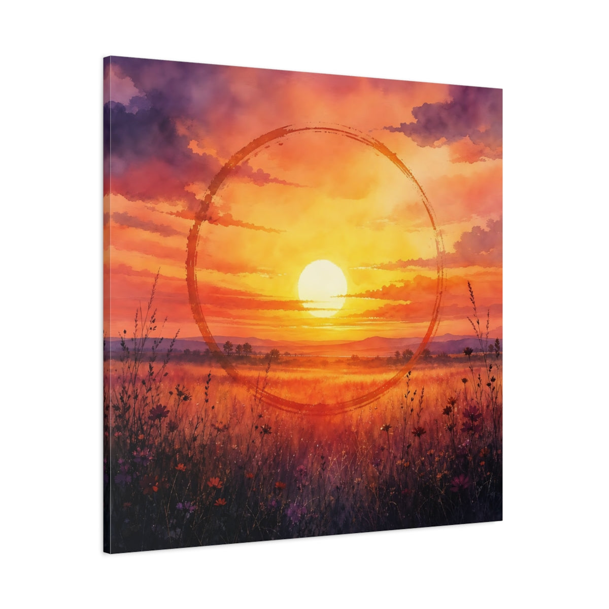 Side Mockup 1. Nature Sunset Orange Sunset Meadow shown as stretched canvas wall art