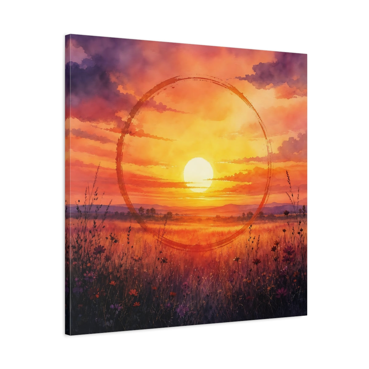 Side Mockup 3. Nature Sunset Orange Sunset Meadow shown as stretched canvas wall art