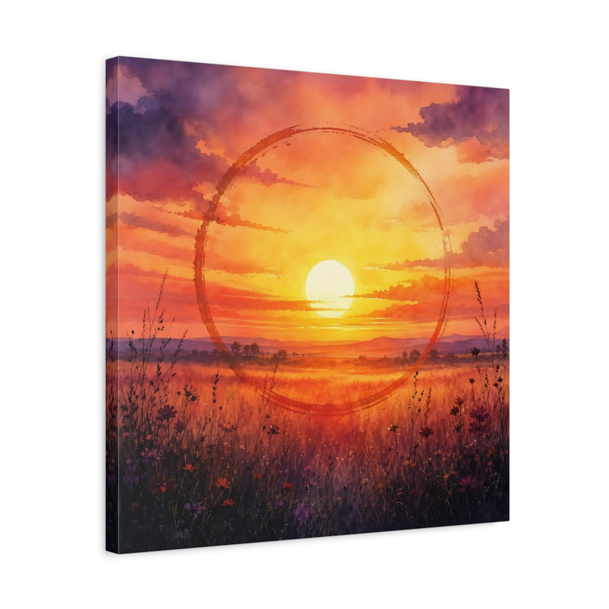 Side Mockup 5. Nature Sunset Orange Sunset Meadow shown as stretched canvas wall art