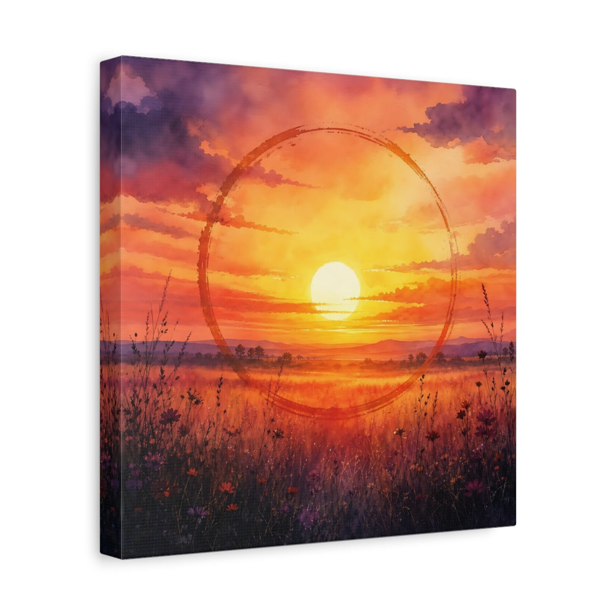 Side Mockup 8. Nature Sunset Orange Sunset Meadow shown as stretched canvas wall art