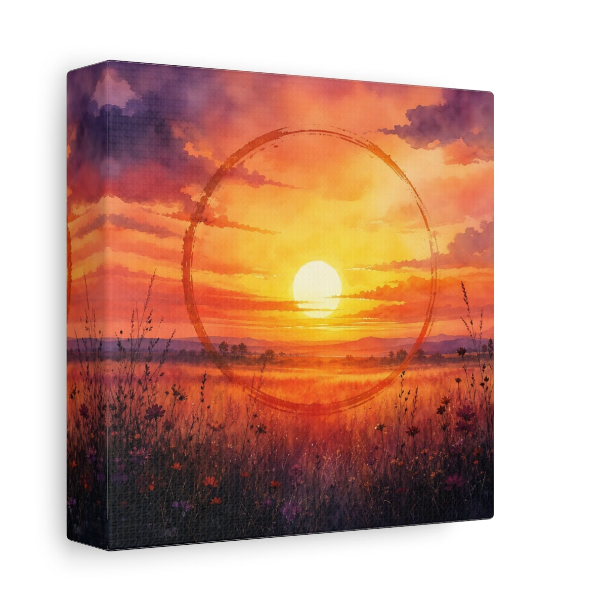 Side Mockup 2. Nature Sunset Orange Sunset Meadow shown as stretched canvas wall art