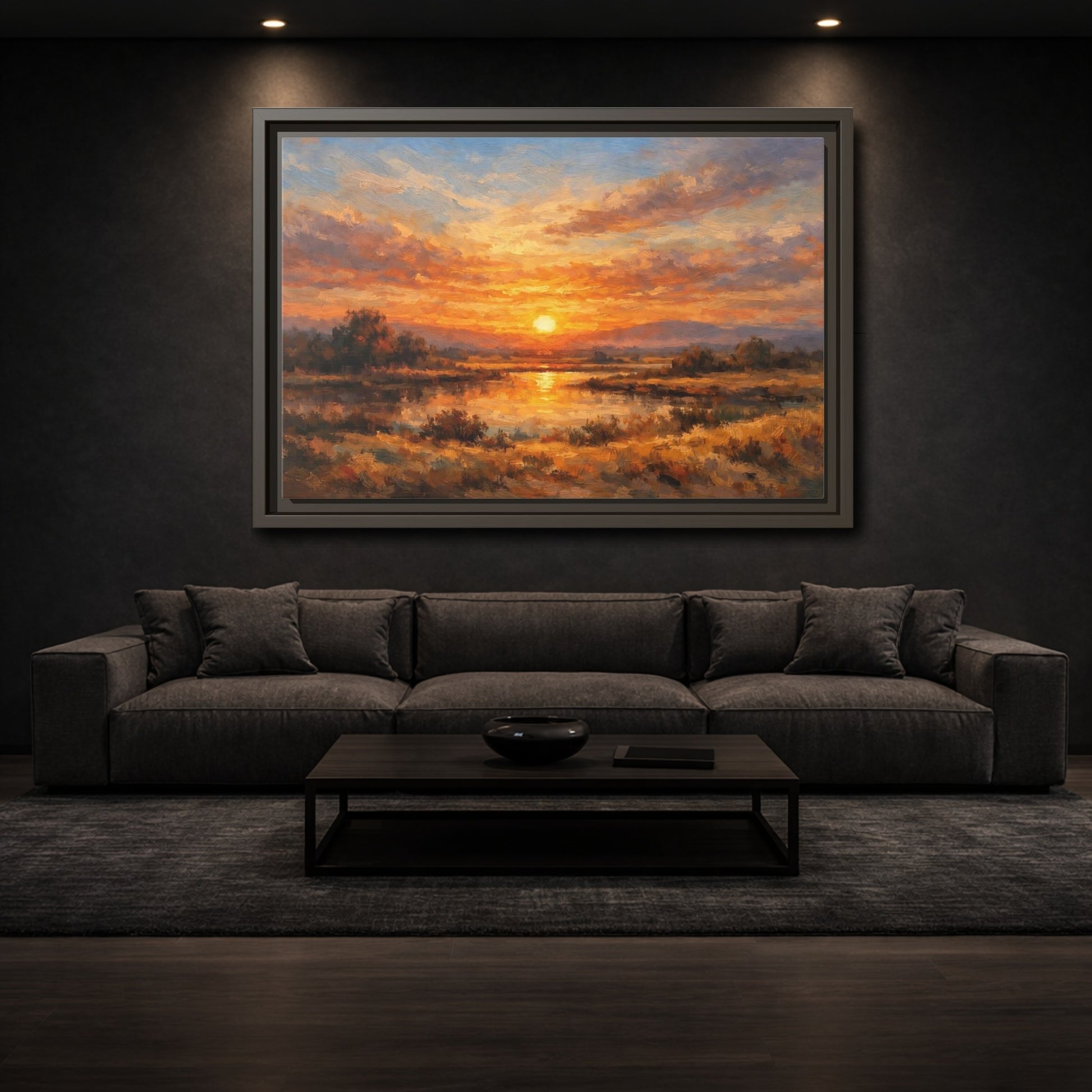 Mockup 2. Nature Sunset Orange Sunset Landscape shown as stretched canvas wall art