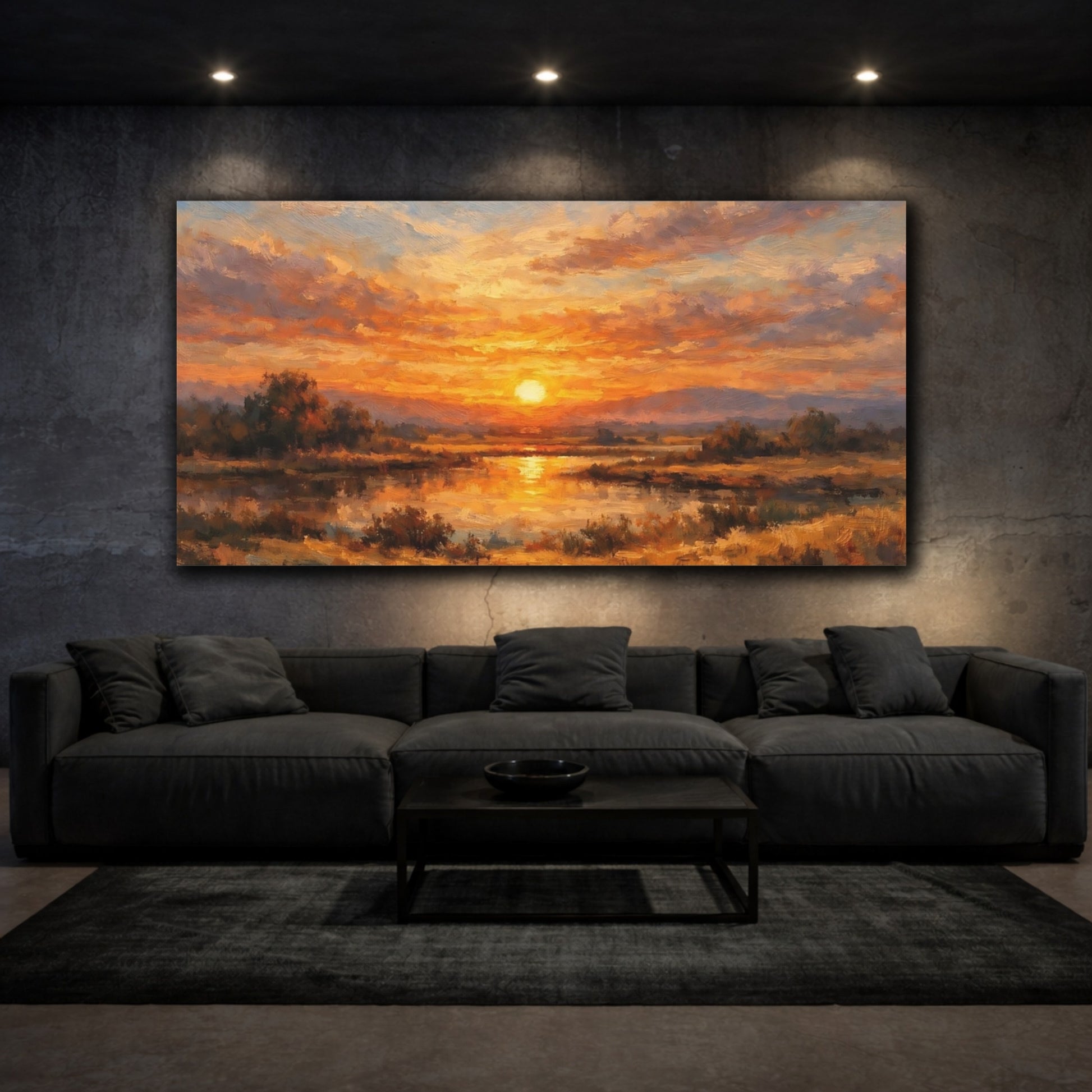 Mockup 2. Nature Sunset Orange Sunset Landscape shown as stretched canvas wall art