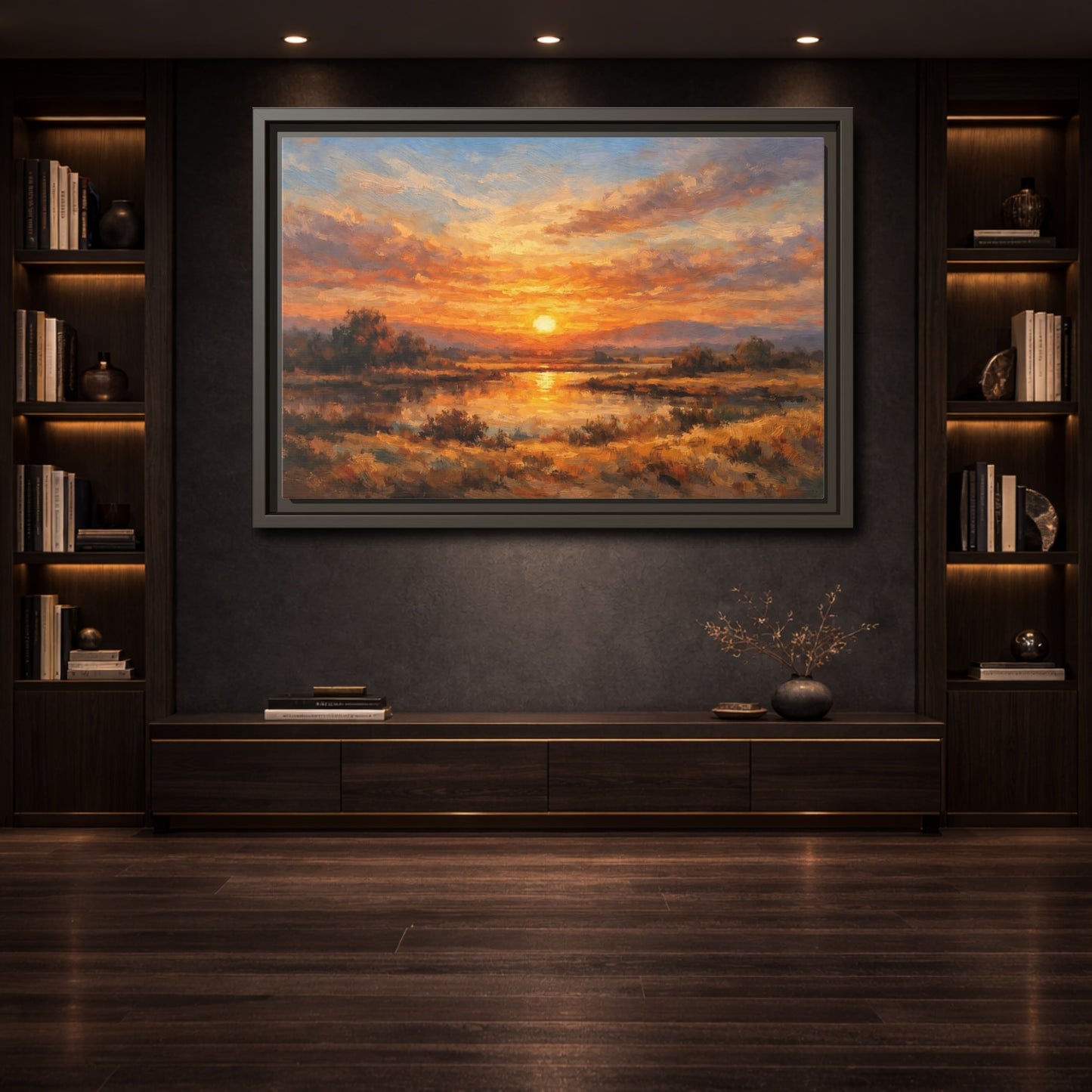 Mockup 3. Nature Sunset Orange Sunset Landscape shown as stretched canvas wall art