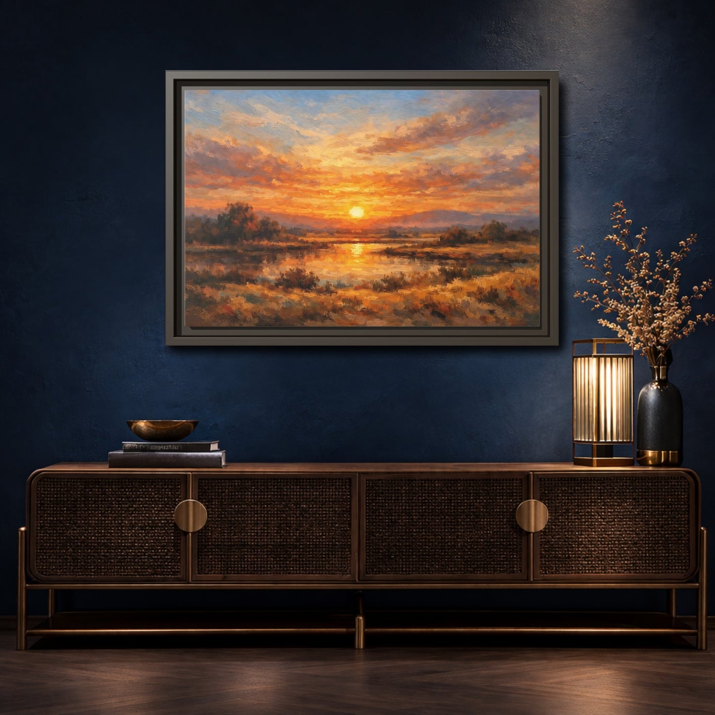 Mockup 4. Nature Sunset Orange Sunset Landscape shown as stretched canvas wall art