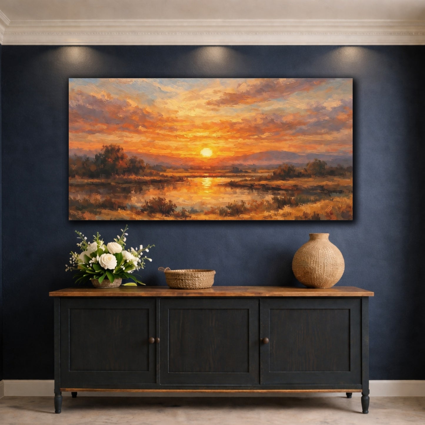 Mockup 4. Nature Sunset Orange Sunset Landscape shown as stretched canvas wall art