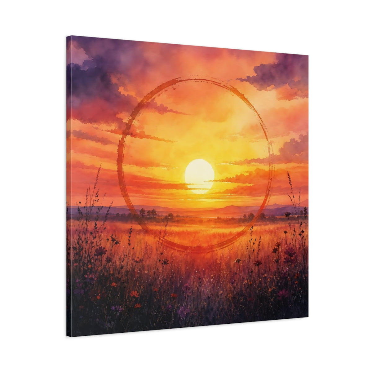 Main Mockup. Nature Sunset Orange Sunset Meadow shown as stretched canvas wall art