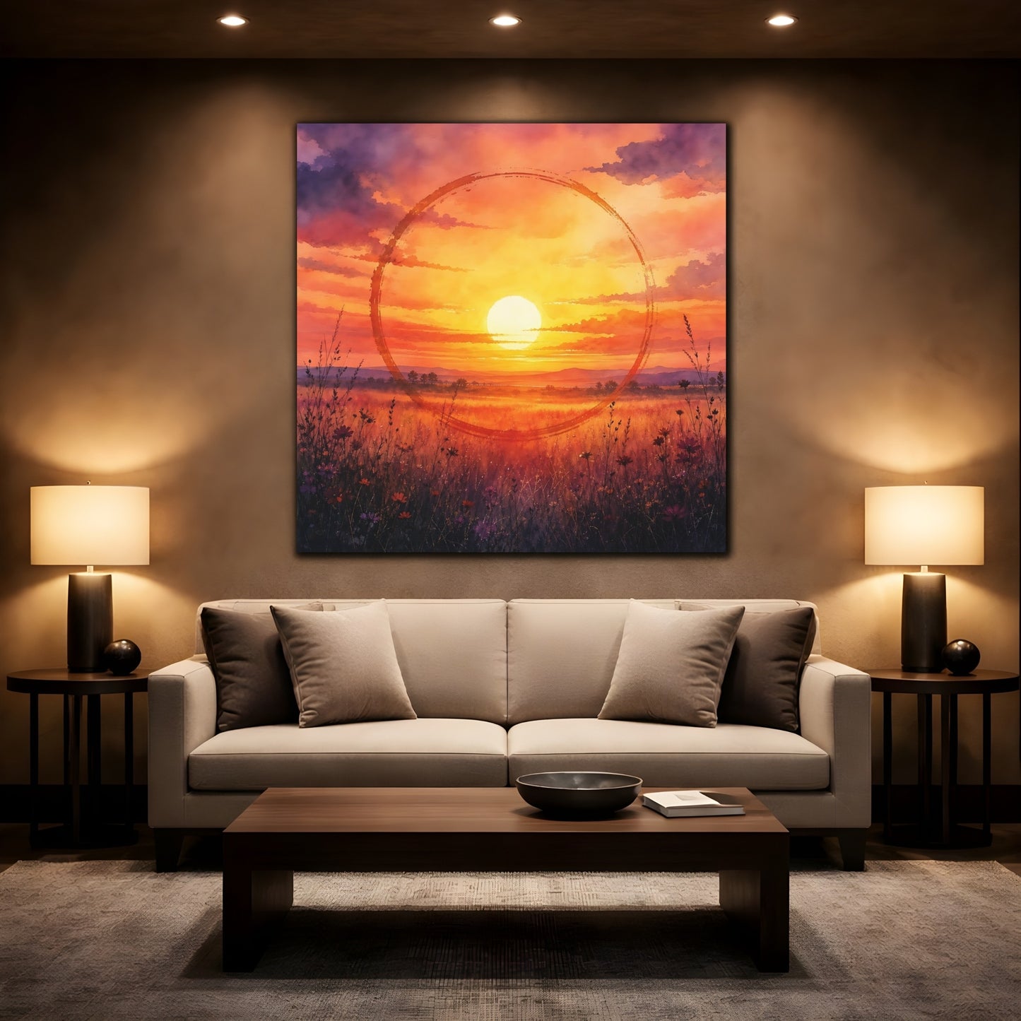 Mockup 2. Nature Sunset Orange Sunset Meadow shown as stretched canvas wall art