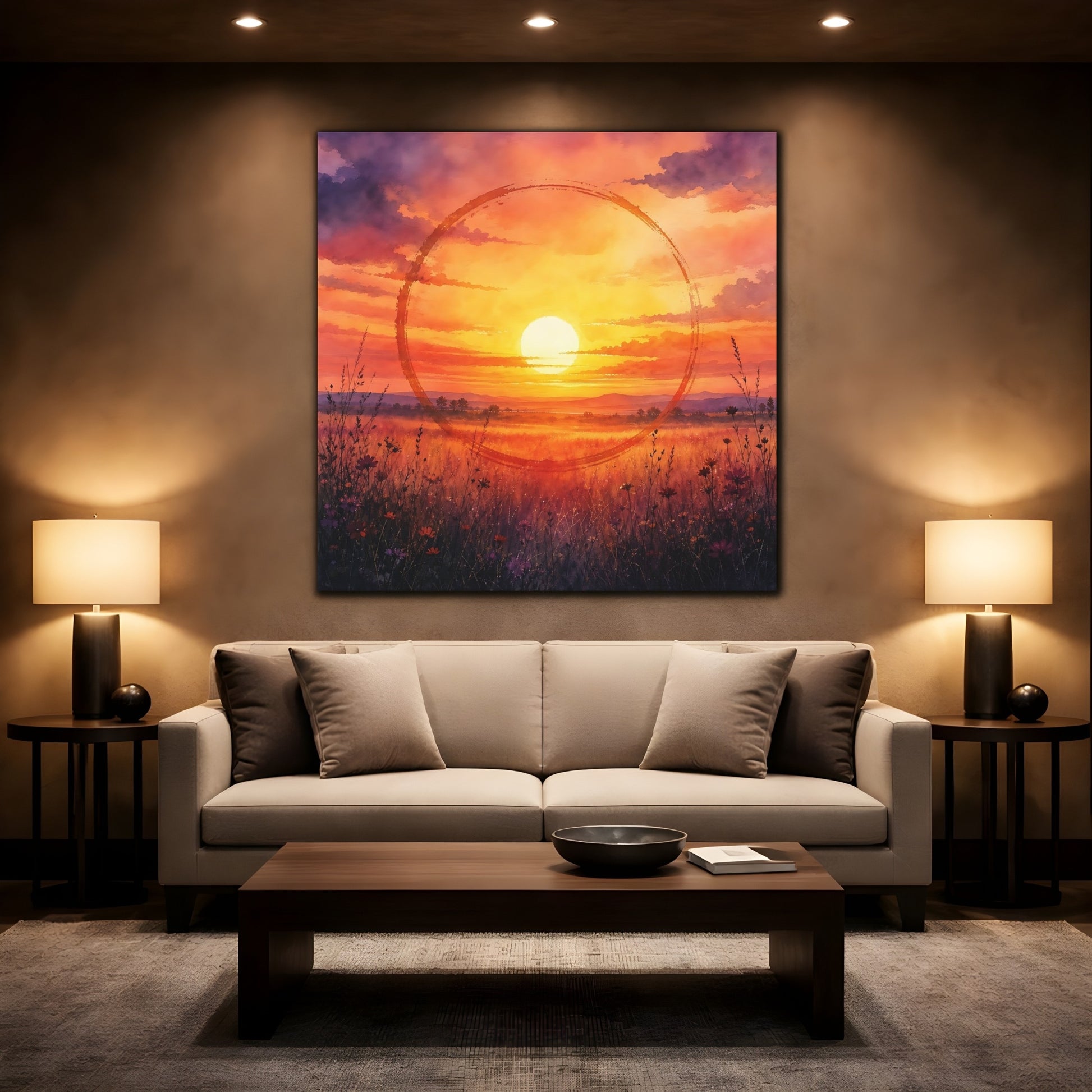Mockup 2. Nature Sunset Orange Sunset Meadow shown as stretched canvas wall art