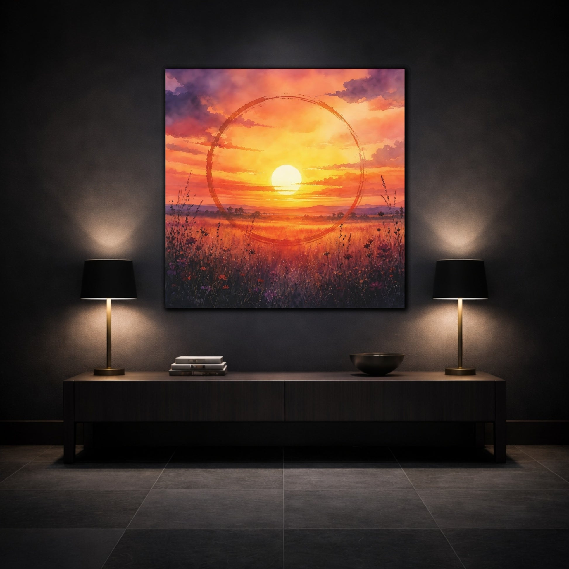 Mockup 3. Nature Sunset Orange Sunset Meadow shown as stretched canvas wall art