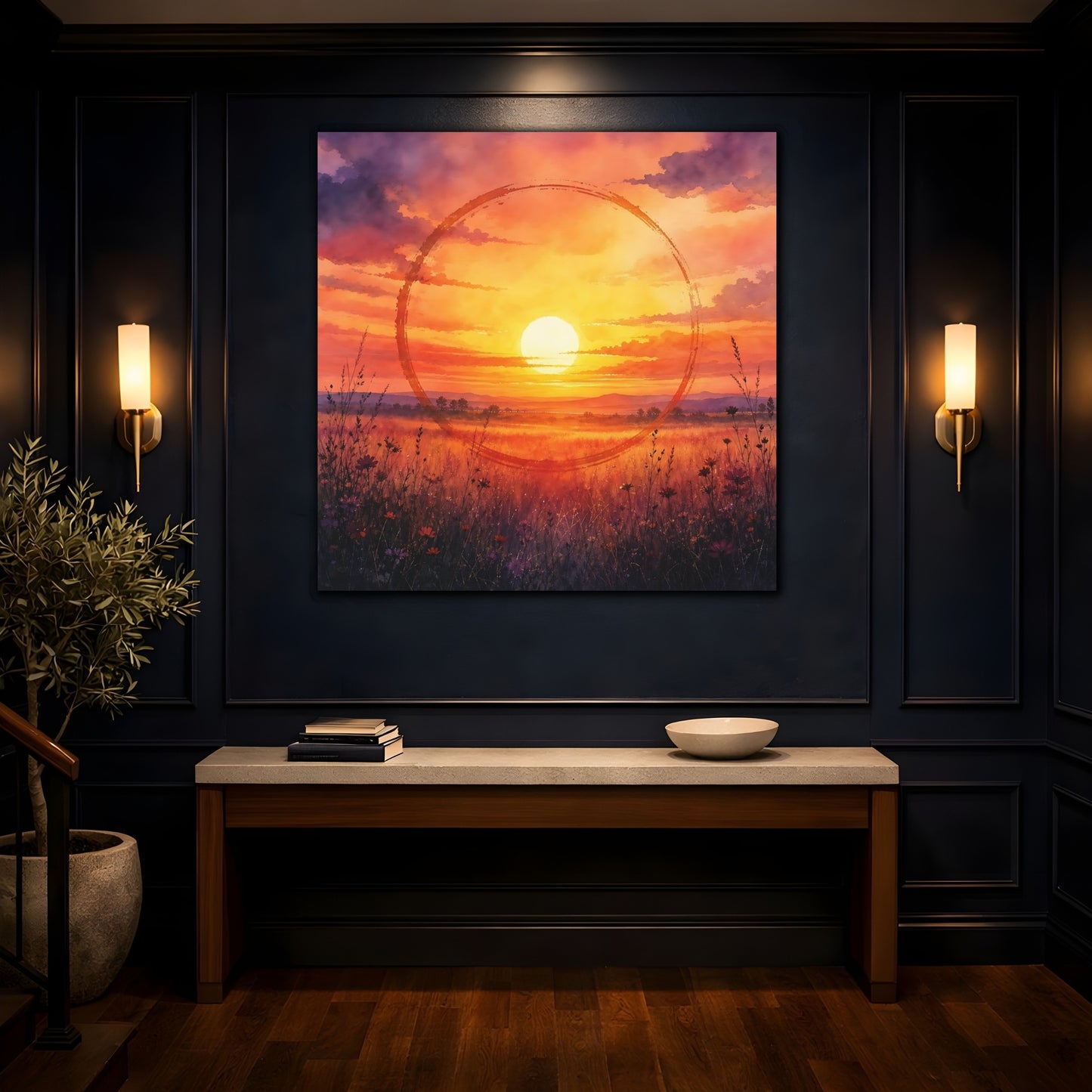Mockup 4. Nature Sunset Orange Sunset Meadow shown as stretched canvas wall art