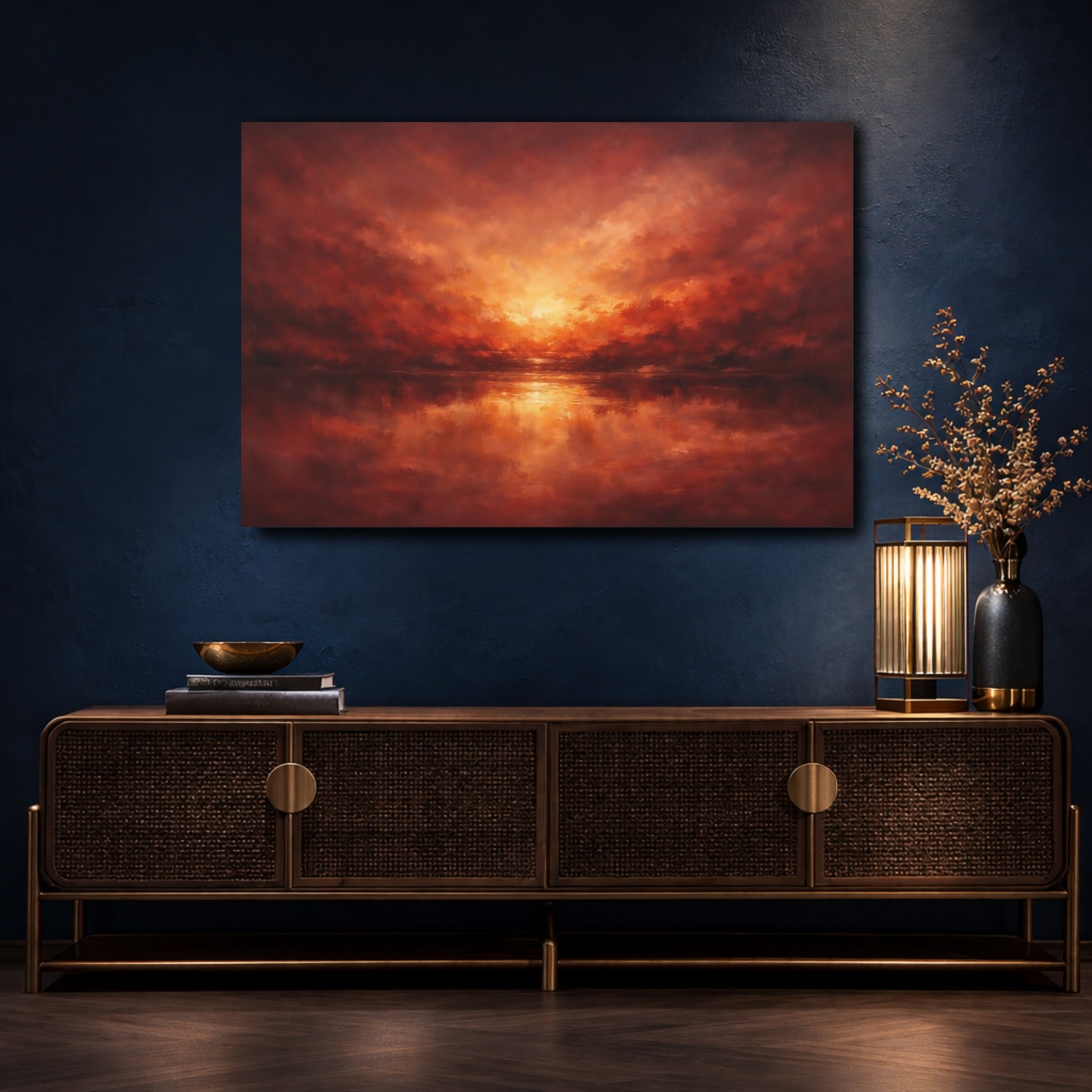 Mockup 4. Nature Sunset Red Orange Sunset shown as stretched canvas wall art
