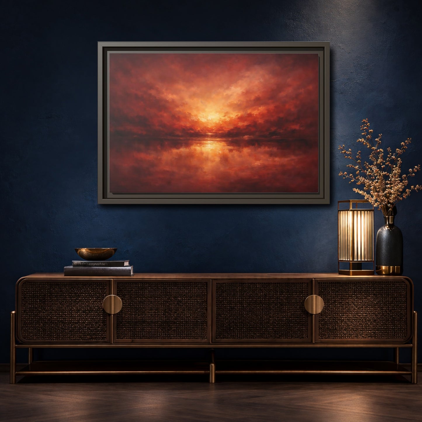 Mockup 4. Nature Sunset Red Orange Sunset shown as stretched canvas wall art