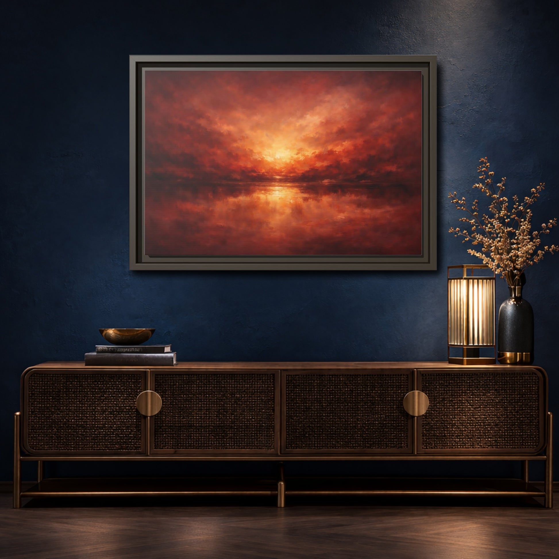 Mockup 4. Nature Sunset Red Orange Sunset shown as stretched canvas wall art