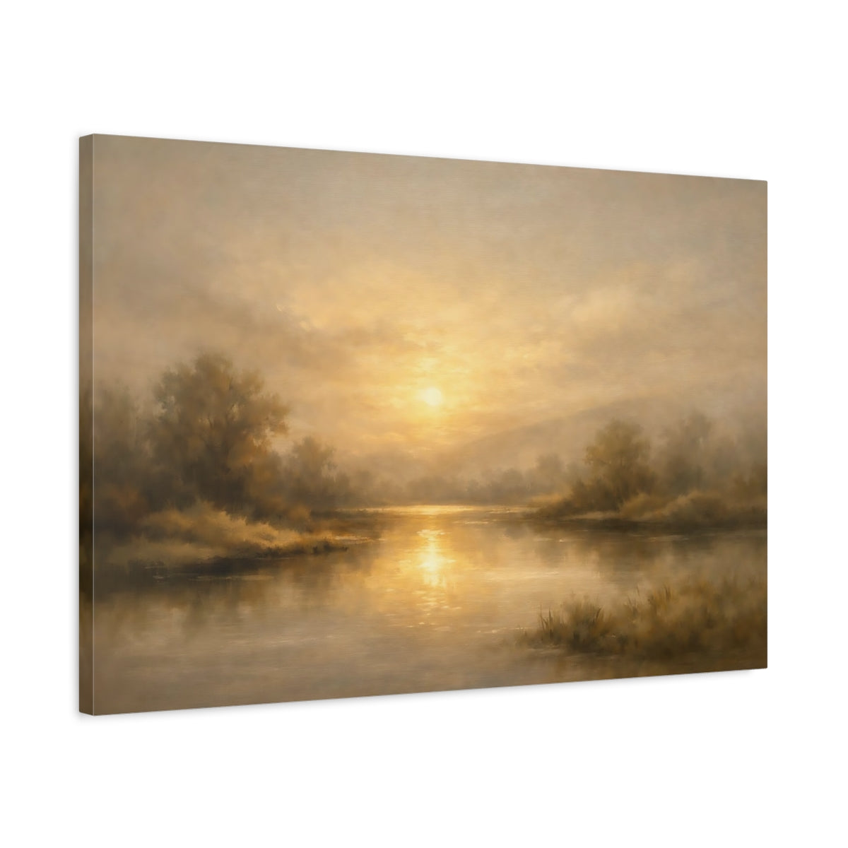 Side Mockup 2. Nature Sunset River Golden Sunset Landscape shown as stretched canvas wall art