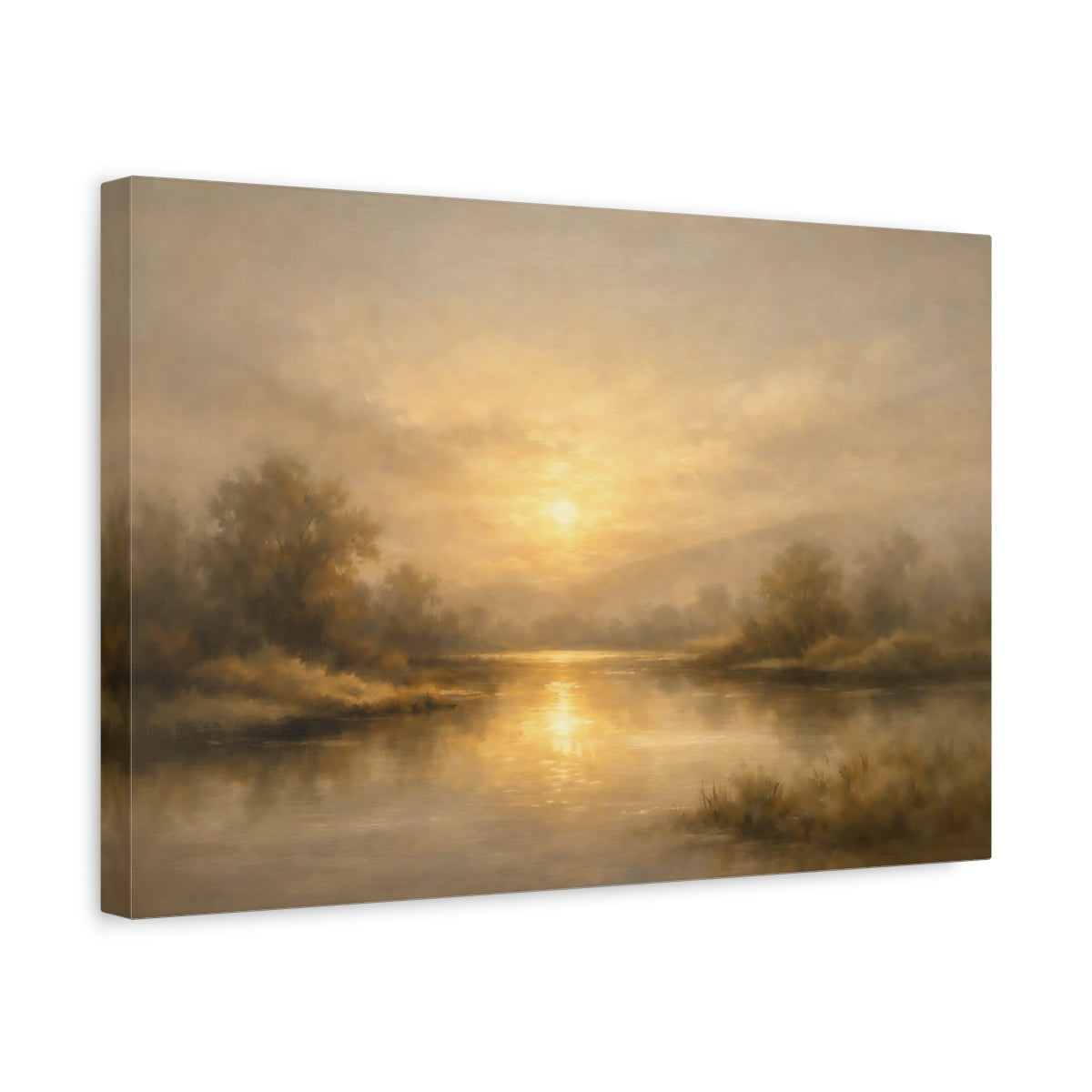 Side Mockup 4. Nature Sunset River Golden Sunset Landscape shown as stretched canvas wall art