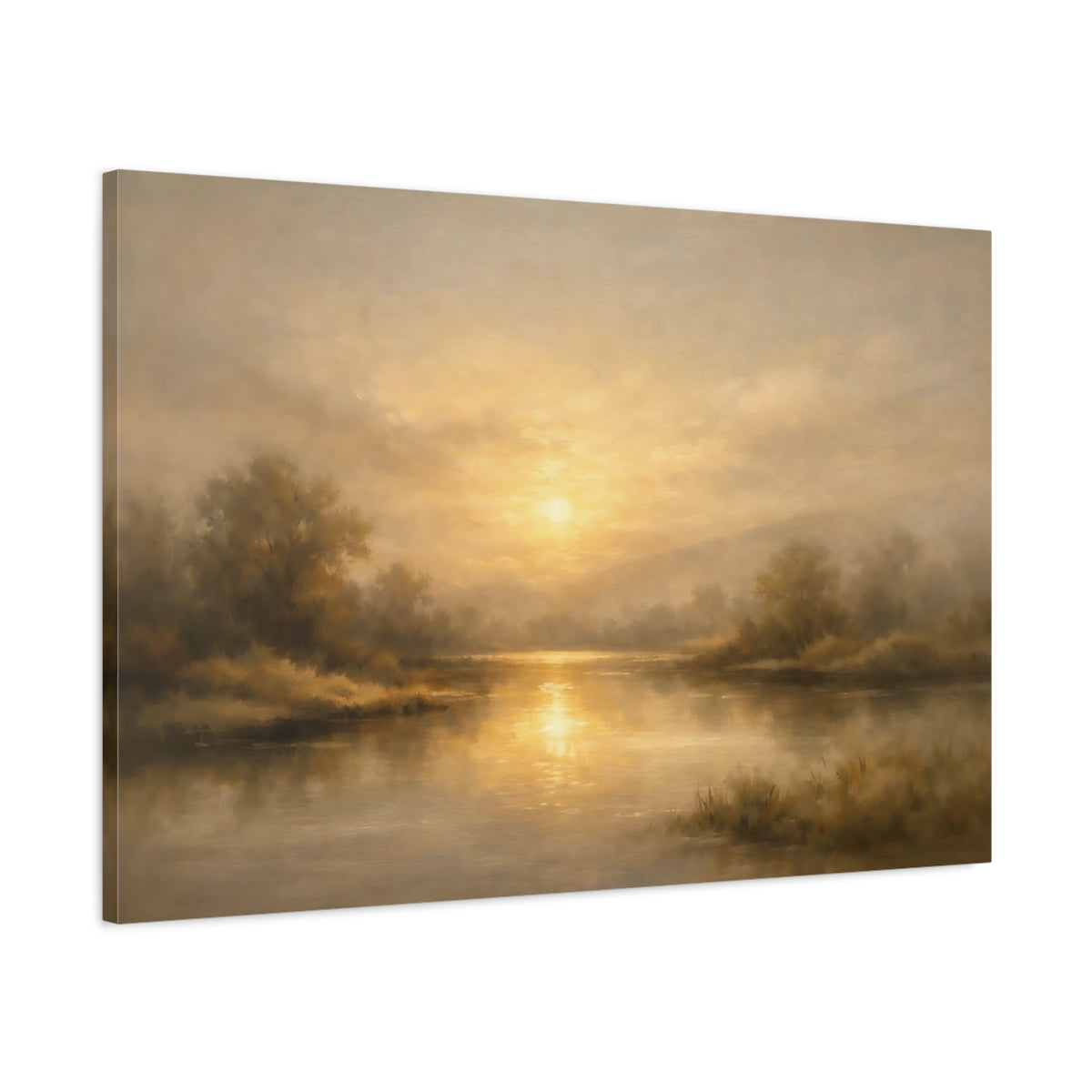 Side Mockup 1. Nature Sunset River Golden Sunset Landscape shown as stretched canvas wall art