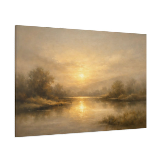 Main Mockup. Nature Sunset River Golden Sunset Landscape shown as stretched canvas wall art