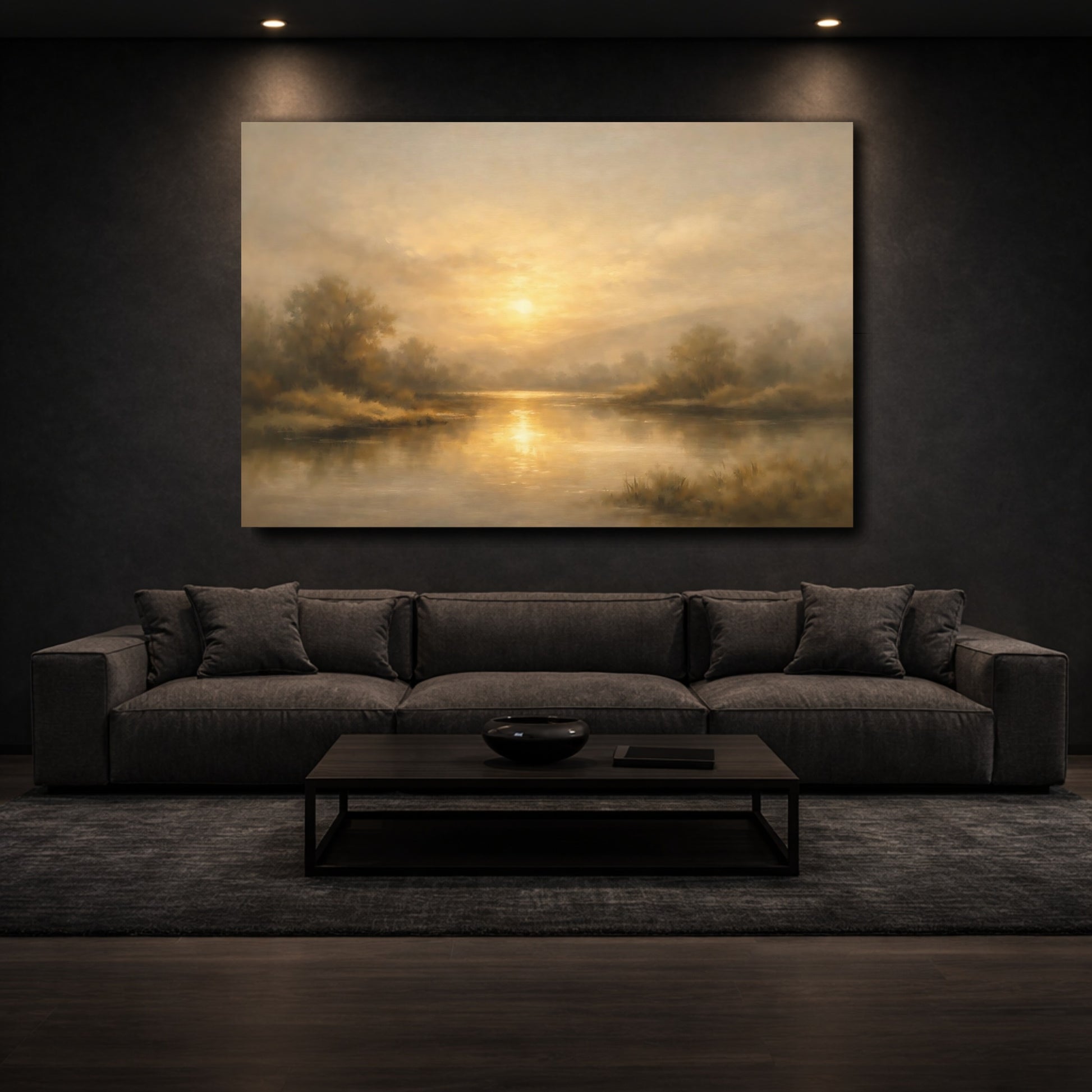 Mockup 2. Nature Sunset River Golden Sunset Landscape shown as stretched canvas wall art