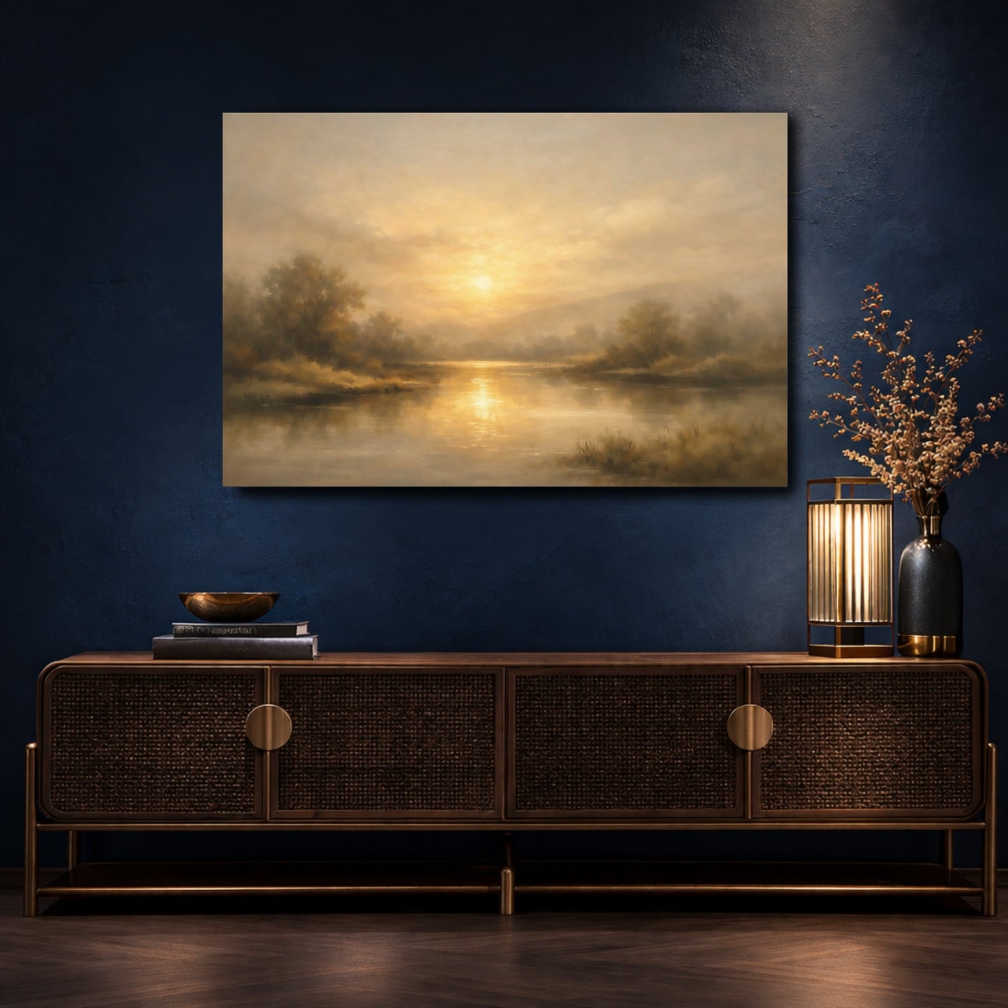 Mockup 4. Nature Sunset River Golden Sunset Landscape shown as stretched canvas wall art