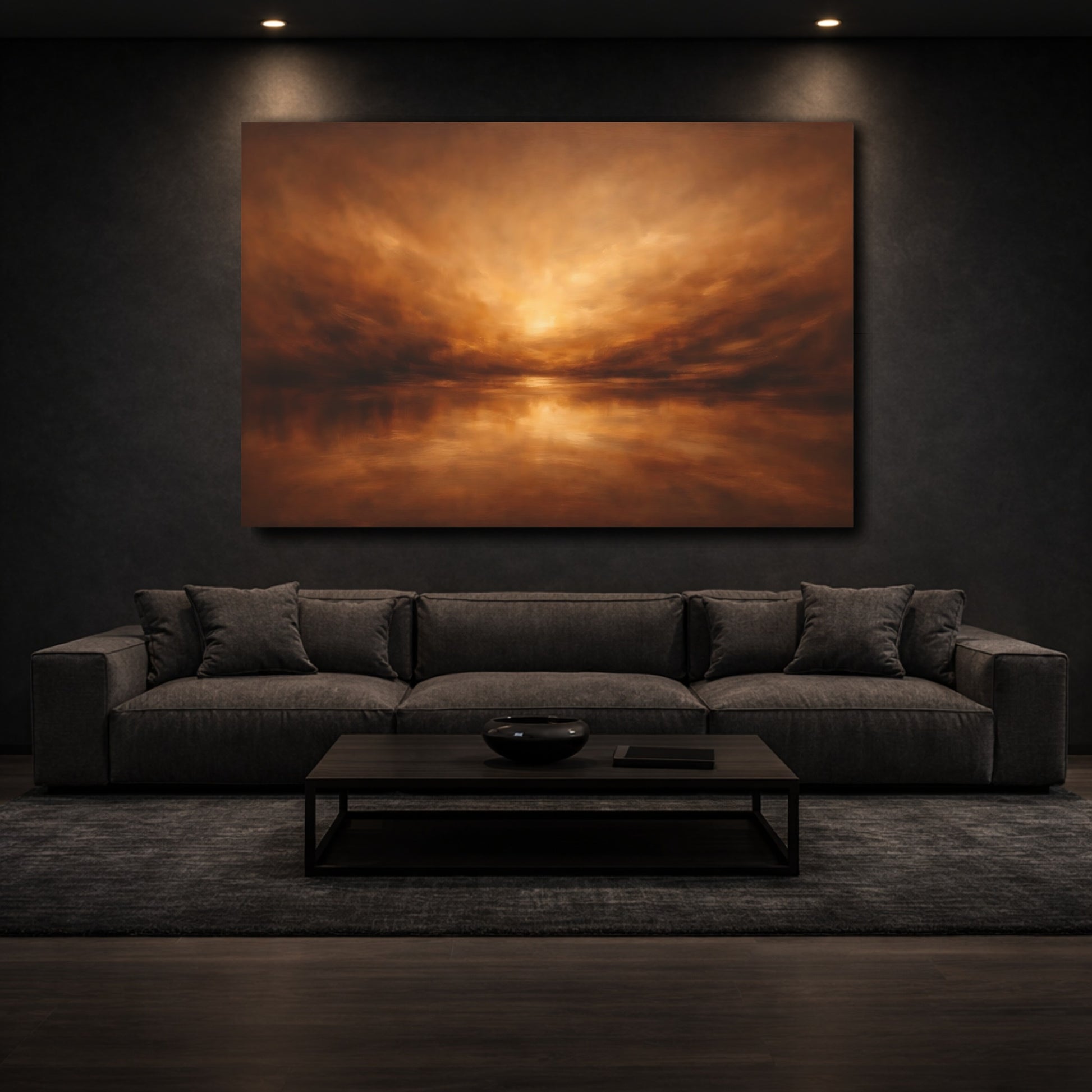 Mockup 2. Nature Sunset Seascape Brown And Orange shown as stretched canvas wall art