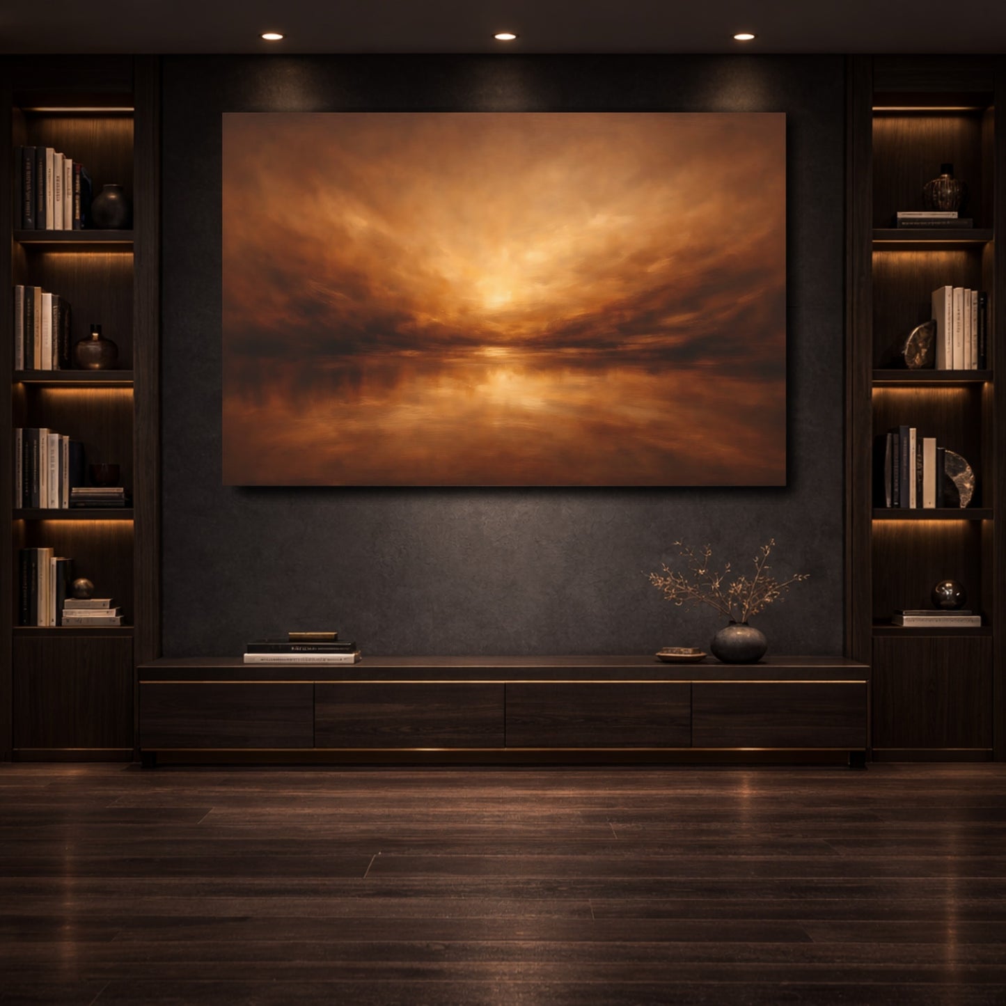 Mockup 3. Nature Sunset Seascape Brown And Orange shown as stretched canvas wall art