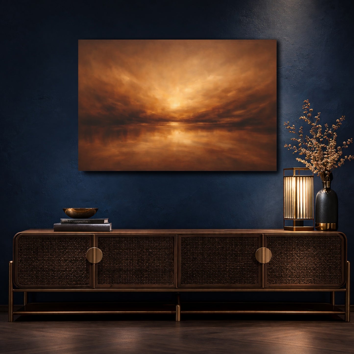 Mockup 4. Nature Sunset Seascape Brown And Orange shown as stretched canvas wall art