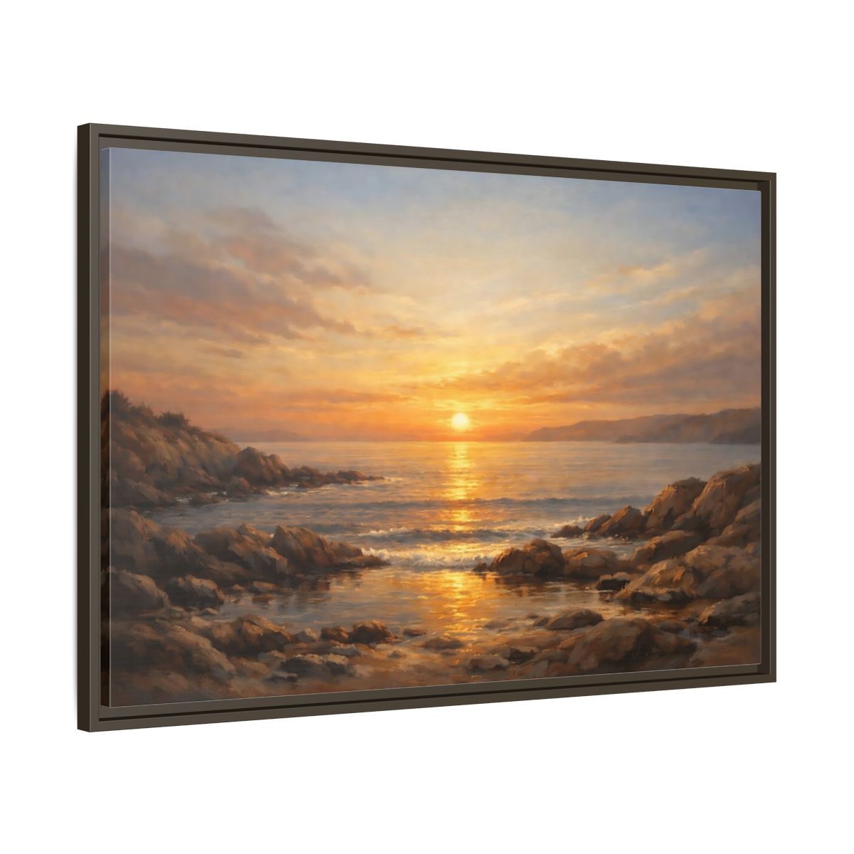 Side Mockup 9. Nature Sunset Seascape Golden Sunset Seascape shown as stretched canvas wall art