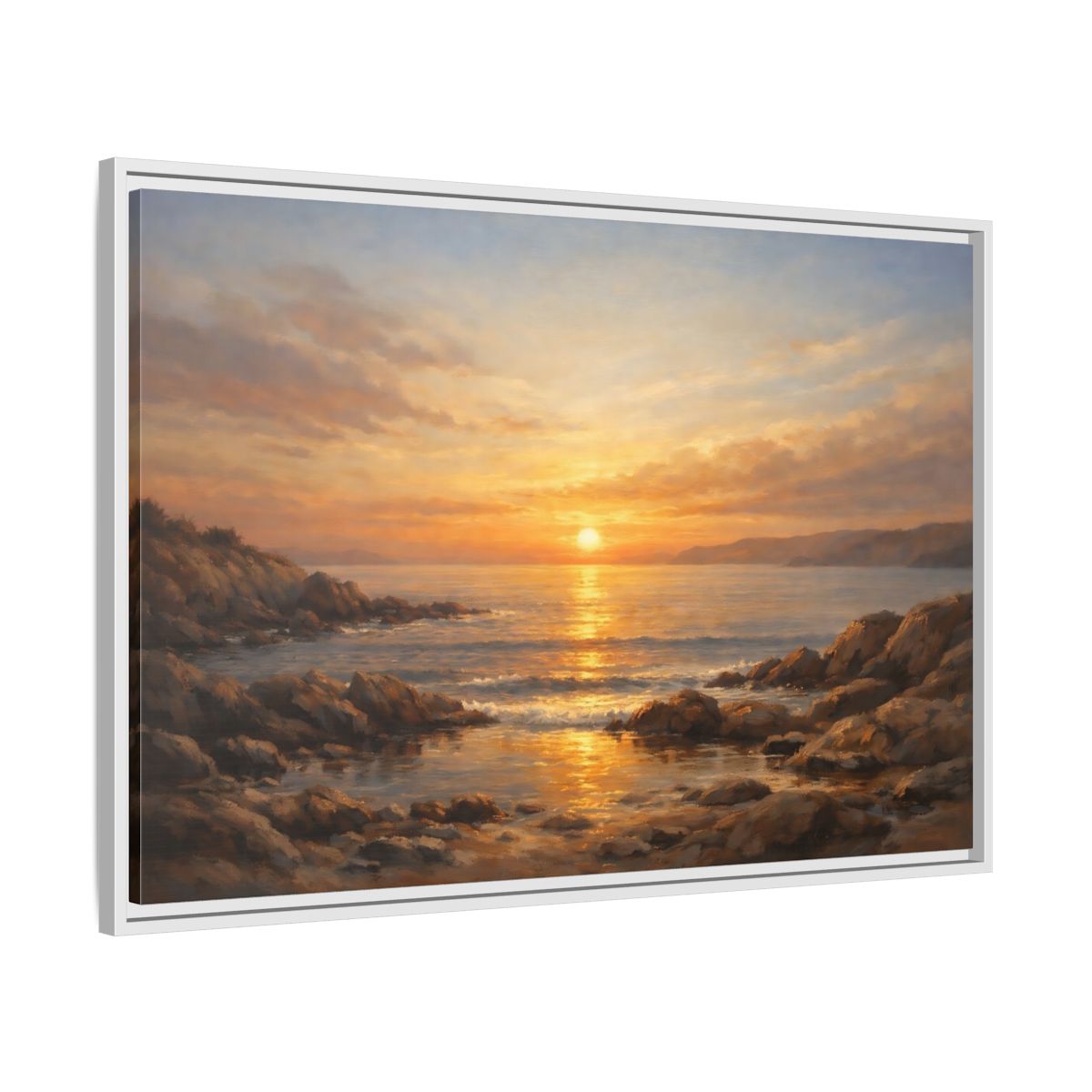 Side Mockup 8. Nature Sunset Seascape Golden Sunset Seascape shown as stretched canvas wall art