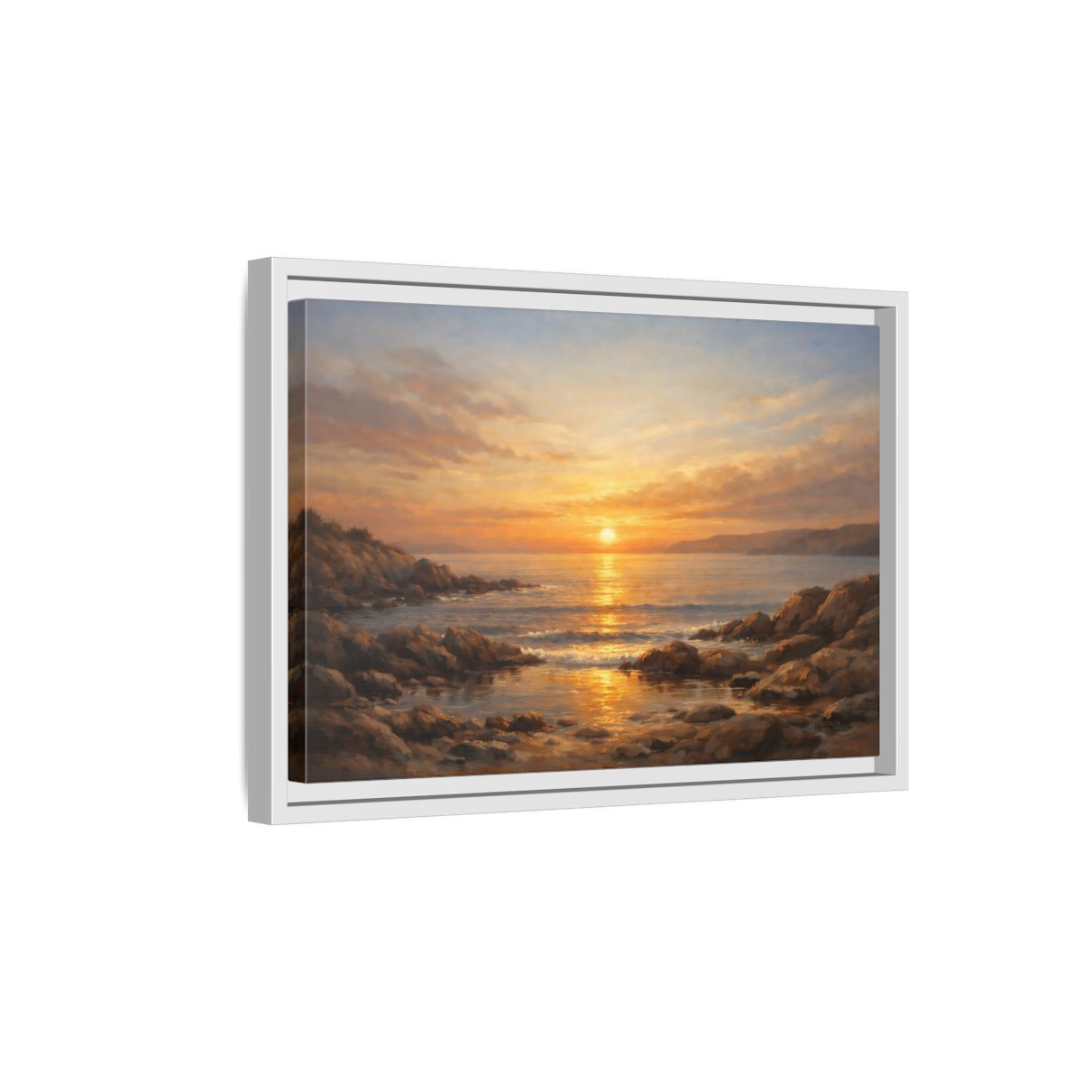 Side Mockup 4. Nature Sunset Seascape Golden Sunset Seascape shown as stretched canvas wall art