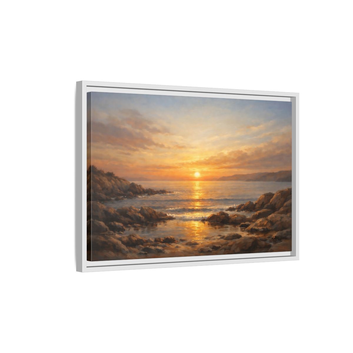 Side Mockup 1. Nature Sunset Seascape Golden Sunset Seascape shown as stretched canvas wall art