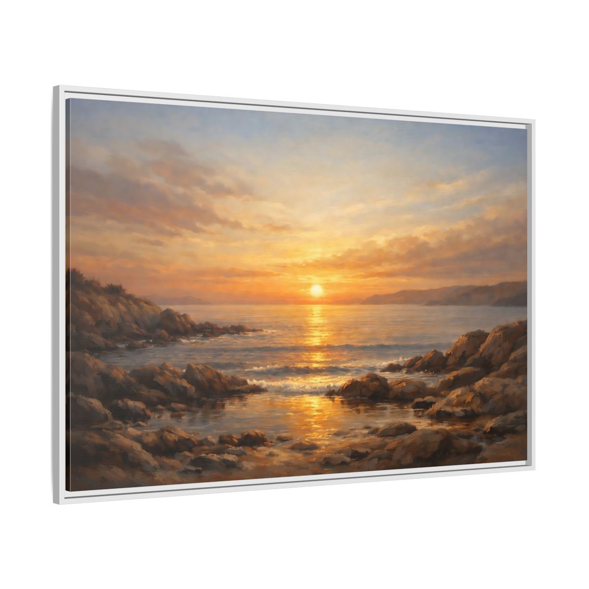 Side Mockup 7. Nature Sunset Seascape Golden Sunset Seascape shown as stretched canvas wall art