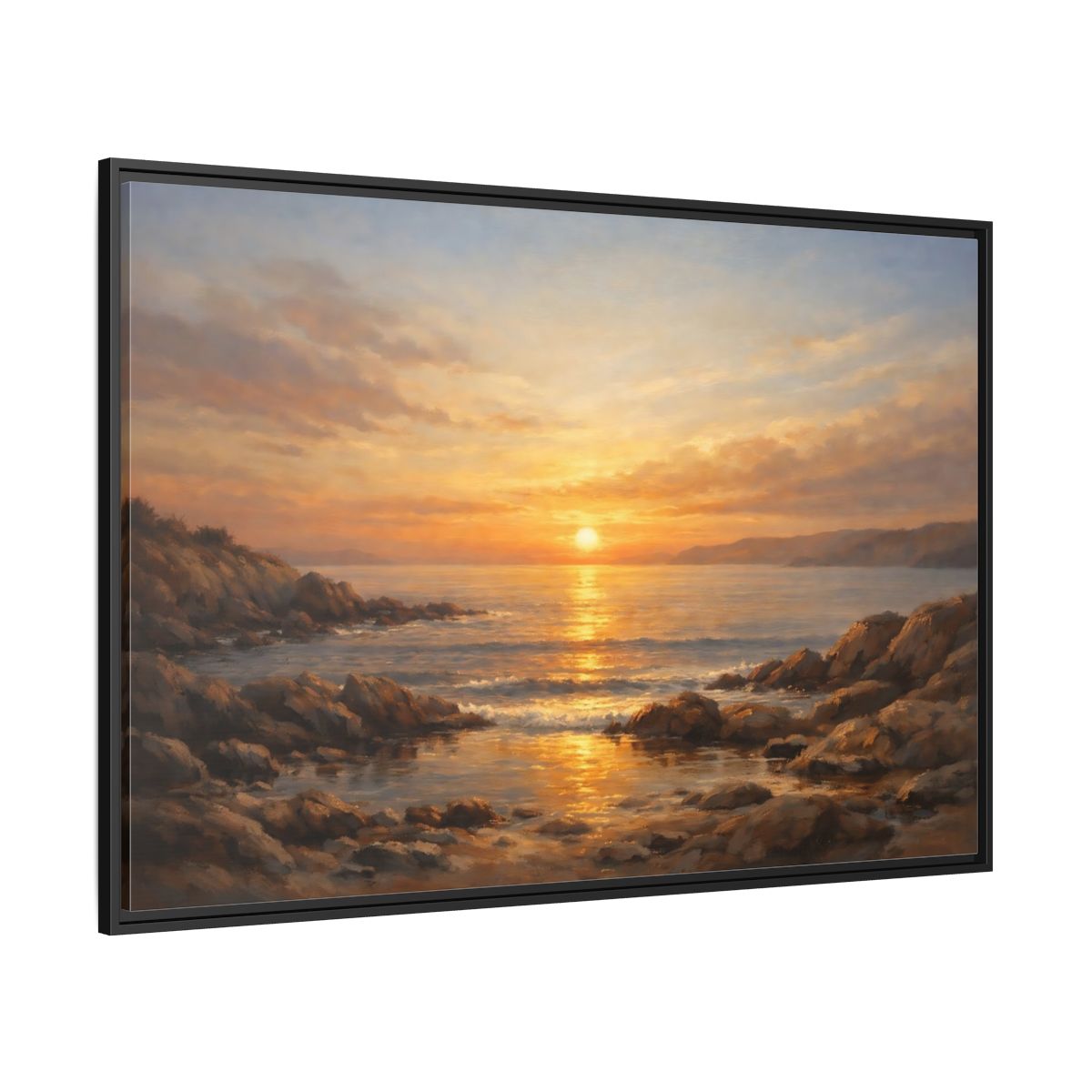 Side Mockup 12. Nature Sunset Seascape Golden Sunset Seascape shown as stretched canvas wall art