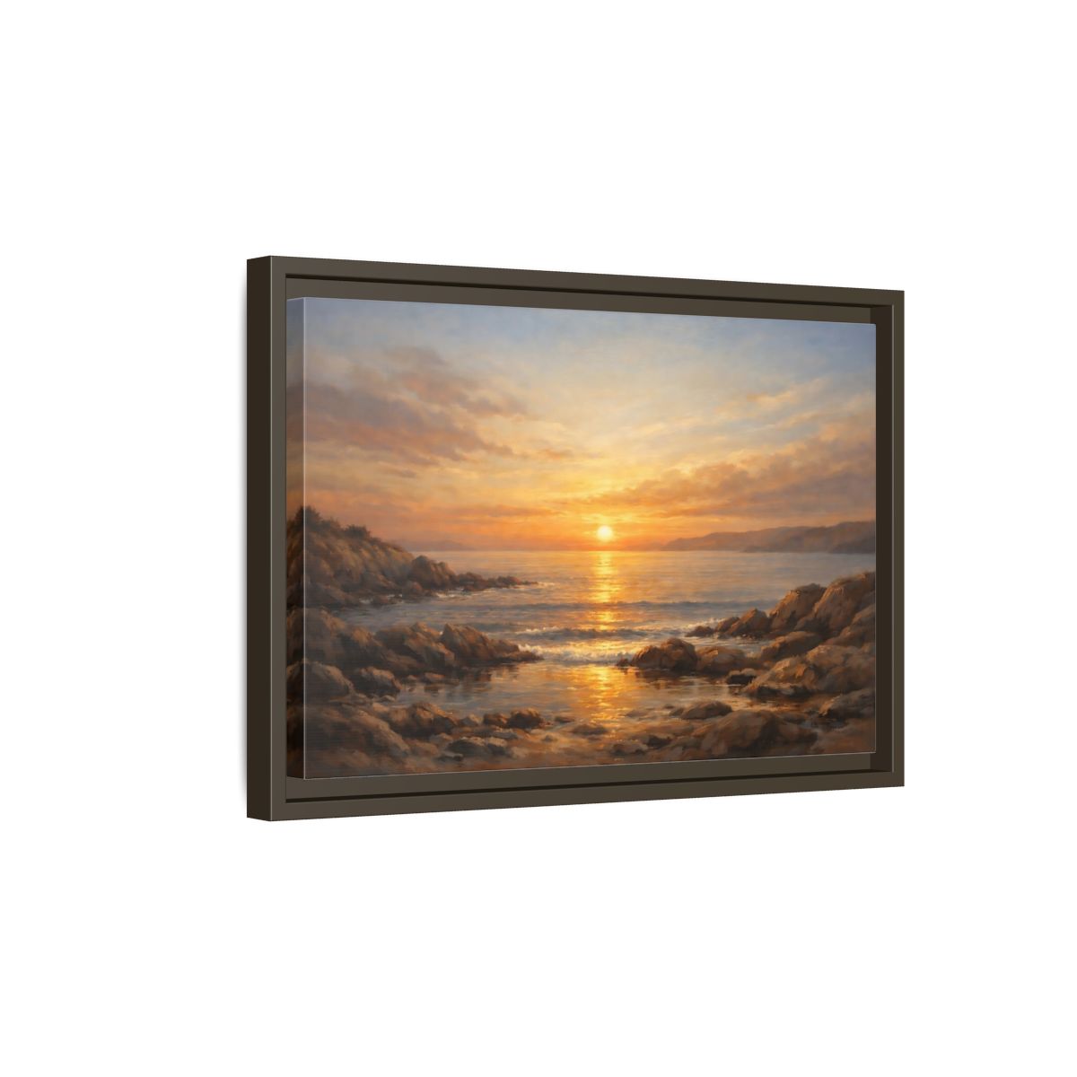 Side Mockup 5. Nature Sunset Seascape Golden Sunset Seascape shown as stretched canvas wall art