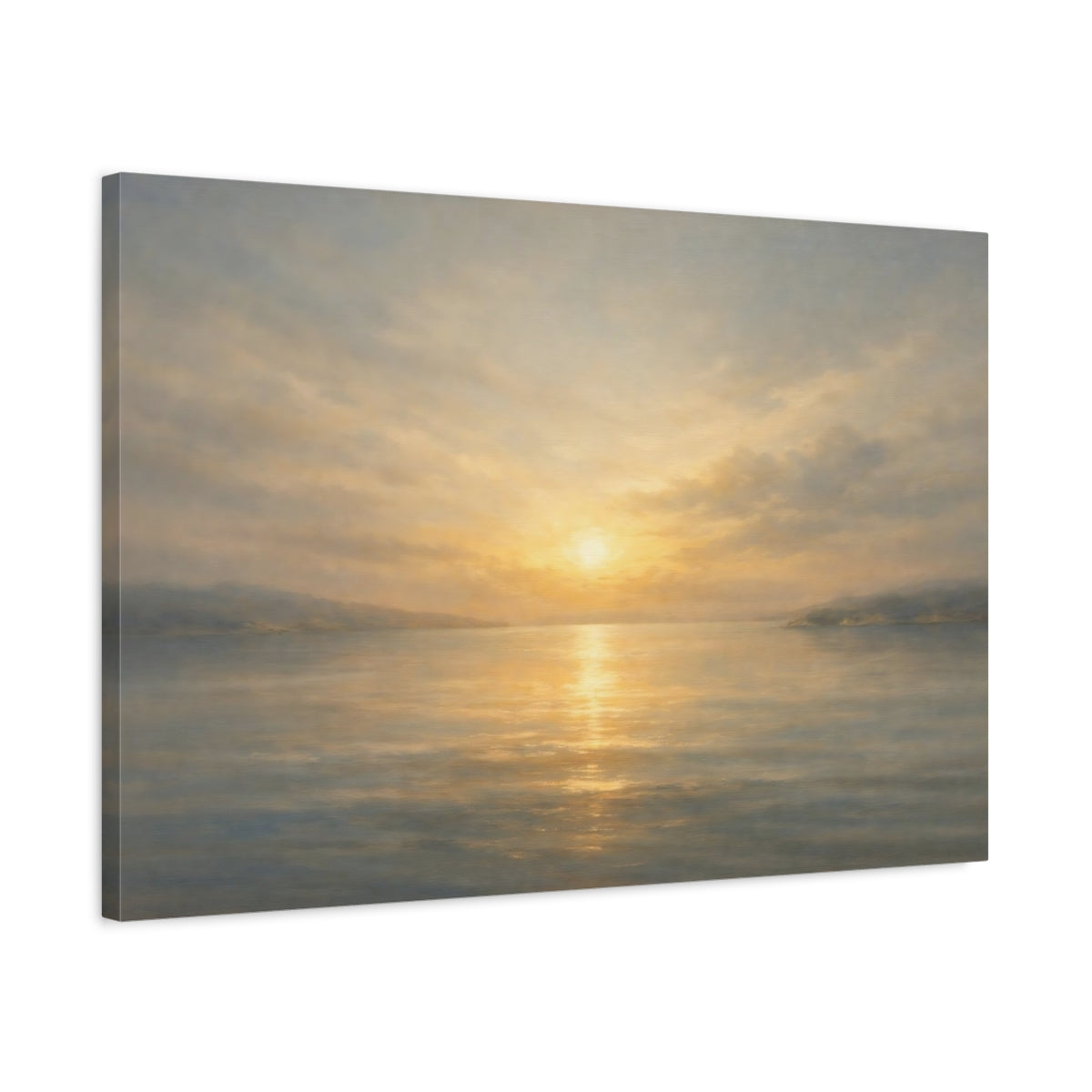Side Mockup 2. Nature Sunset Seascape Golden Ocean Sunset shown as stretched canvas wall art