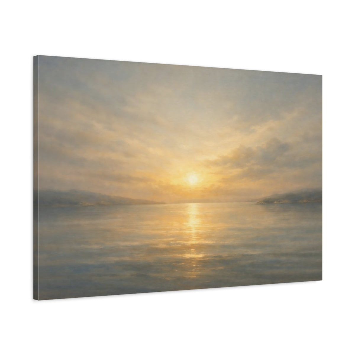 Side Mockup 1. Nature Sunset Seascape Golden Ocean Sunset shown as stretched canvas wall art