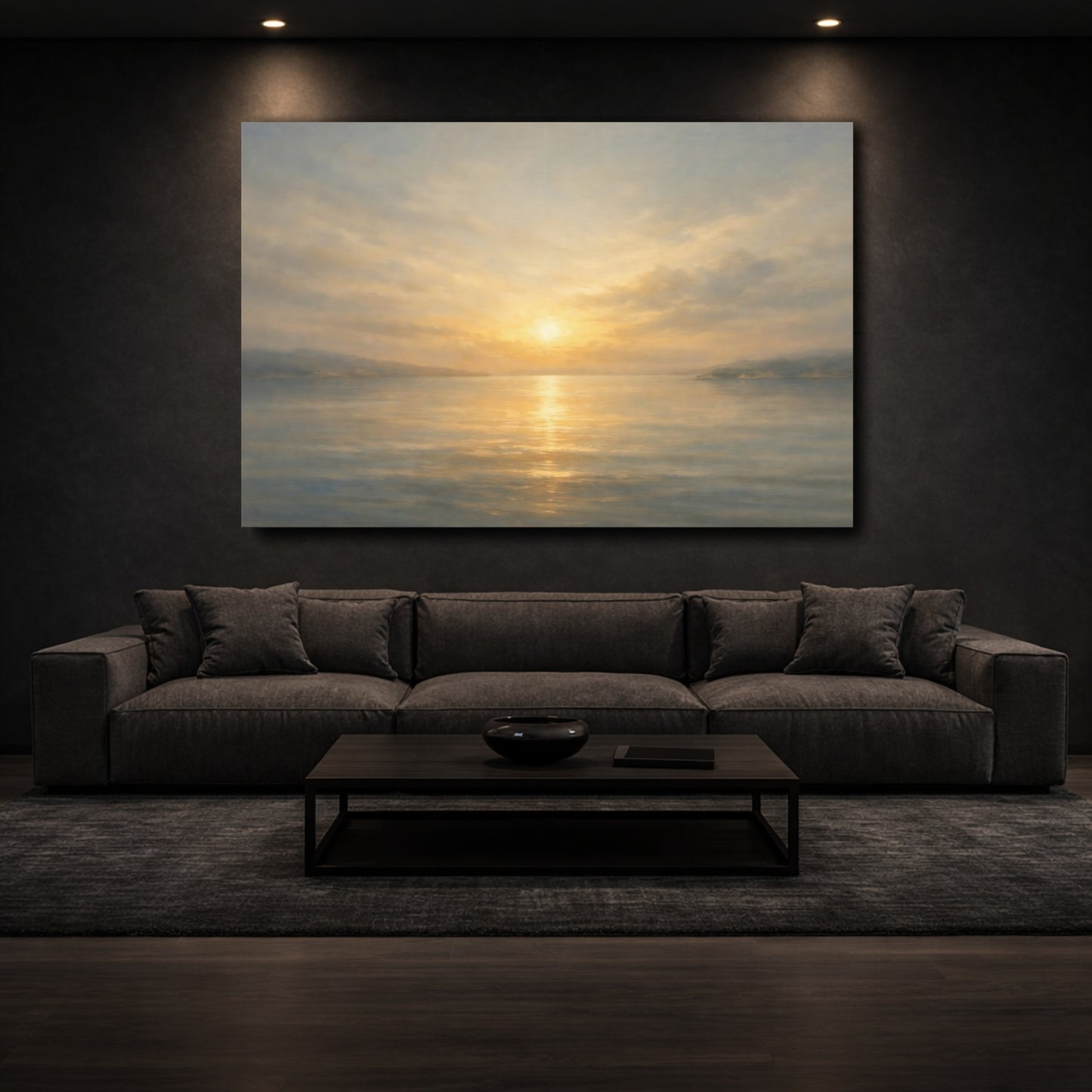 Mockup 2. Nature Sunset Seascape Golden Ocean Sunset shown as stretched canvas wall art