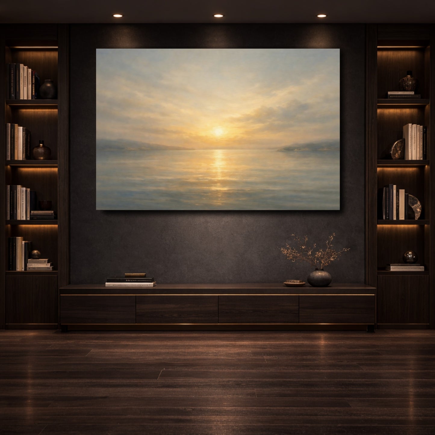 Mockup 3. Nature Sunset Seascape Golden Ocean Sunset shown as stretched canvas wall art
